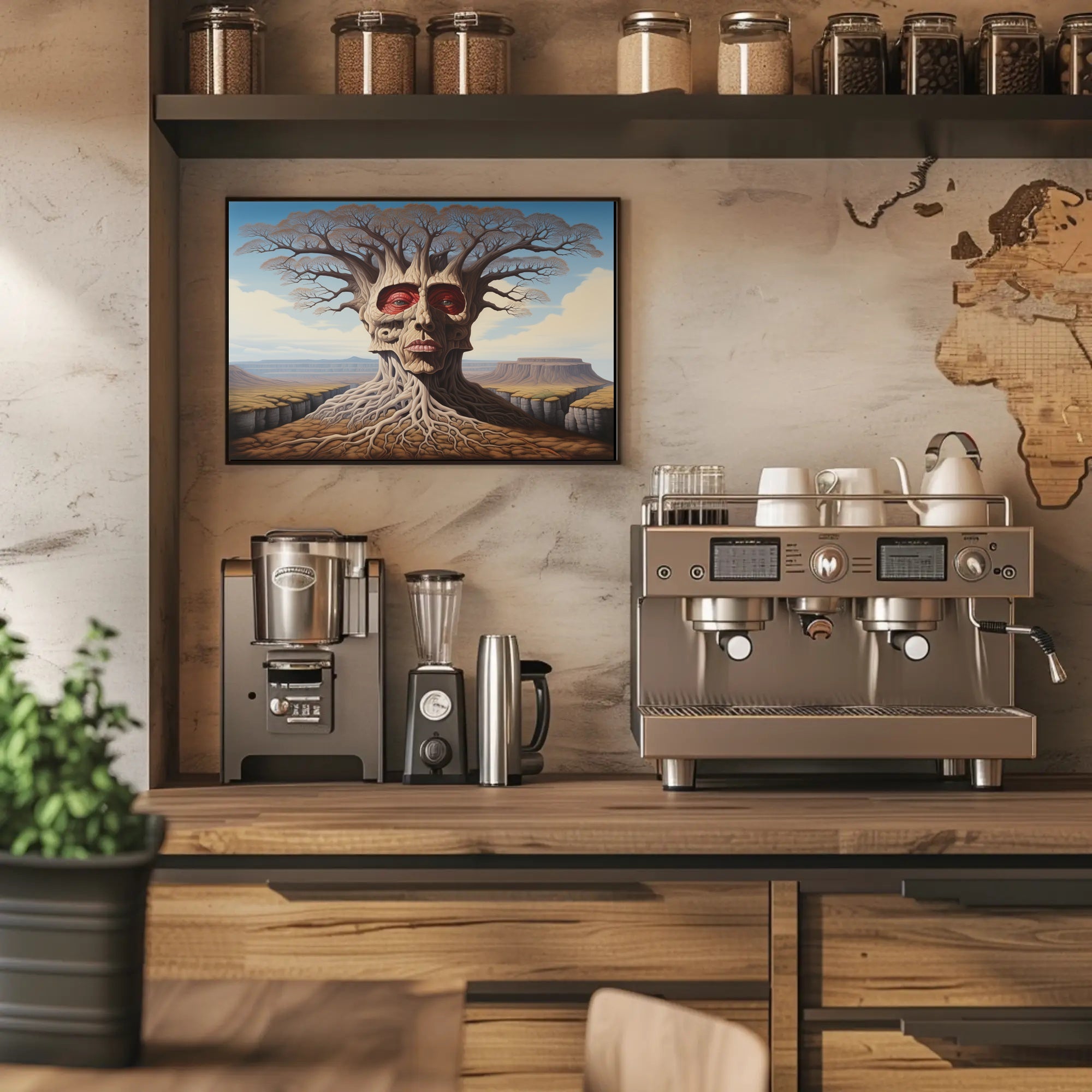 Surreal Tree Face in a Mystical Desert: Artistic Poster