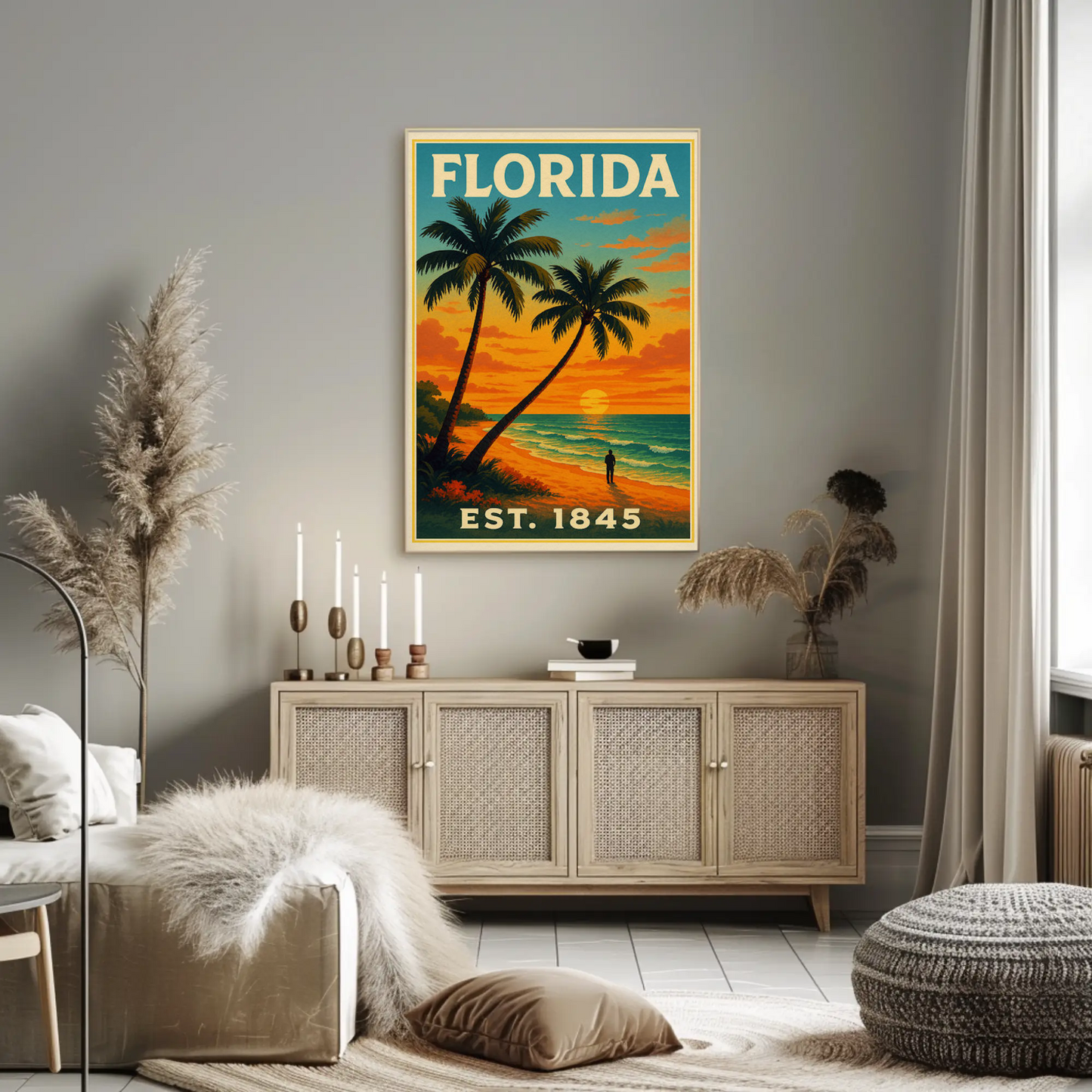 Florida Sunset Beach Walk Palms Horizon Travel Poster