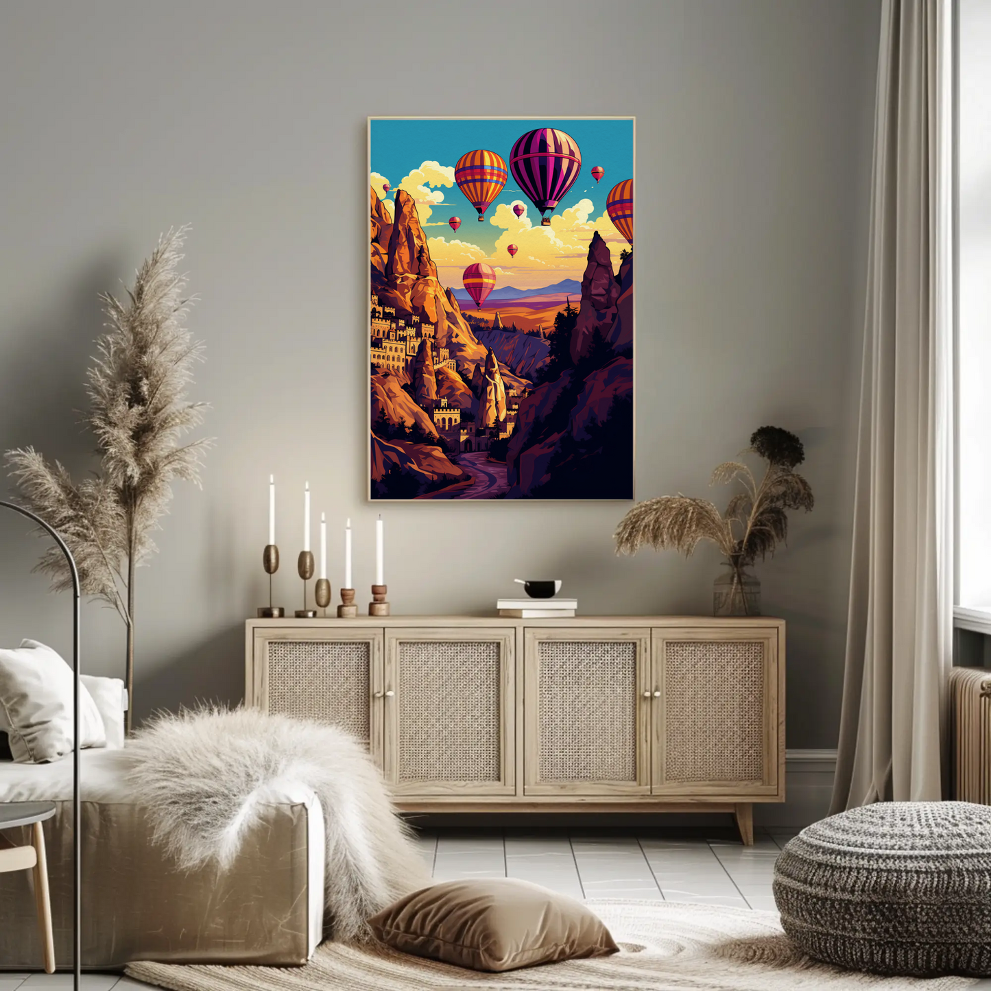 Cappadocia Hot Air Balloons Rock Formations Sky Travel Poster