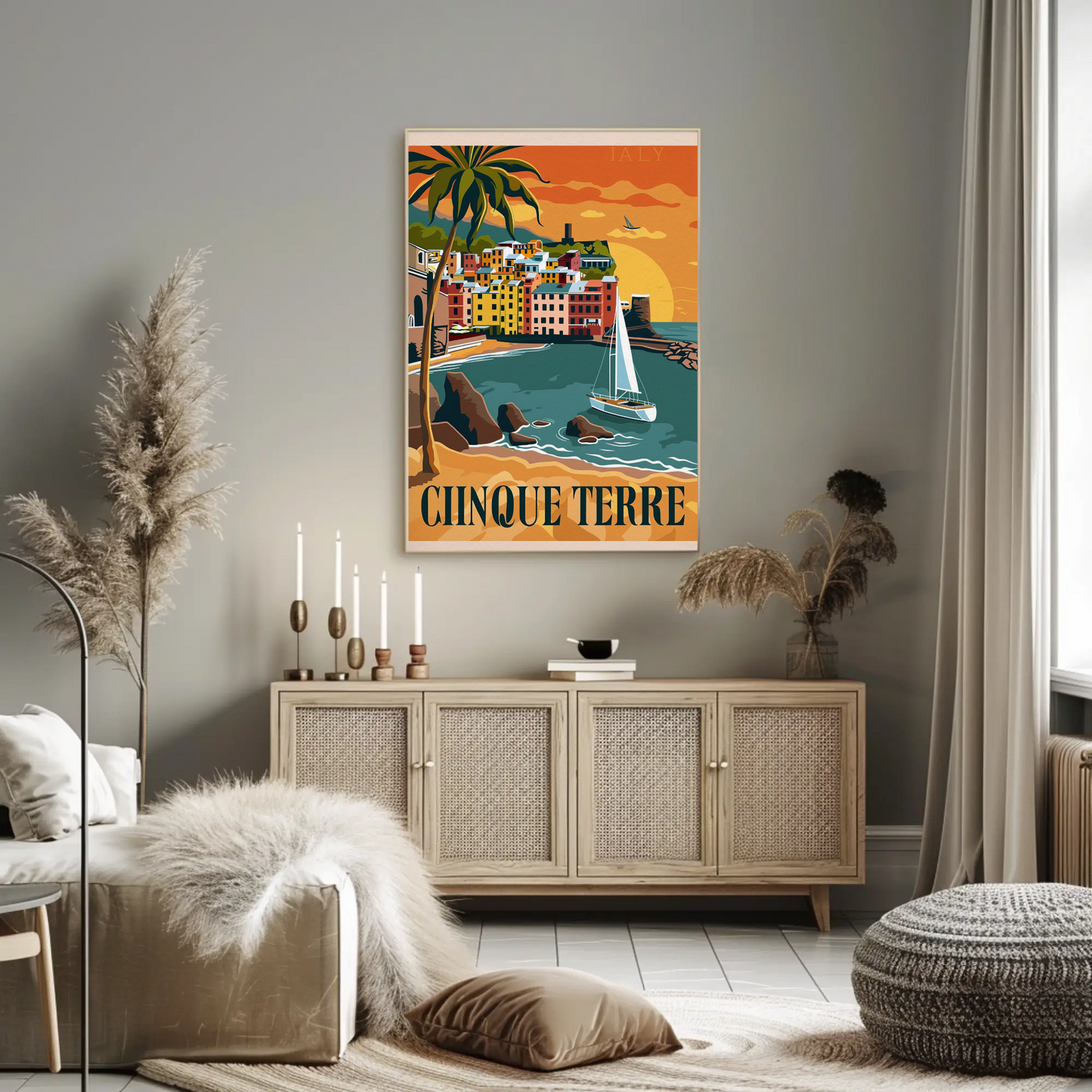 Cinque Terre Italy Vibrant Sunset Harbor Travel Poster