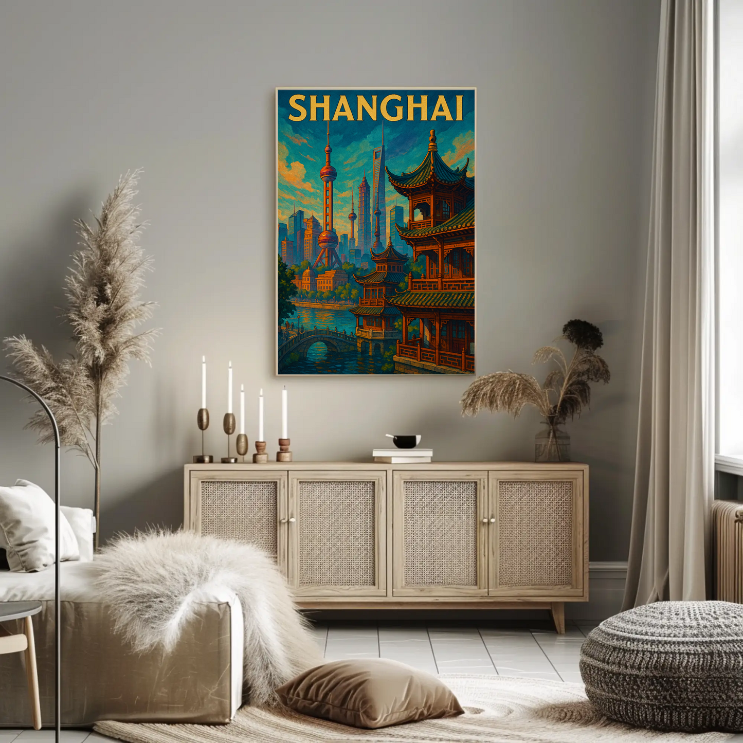Shanghai Skyline River Pagoda Travel Poster