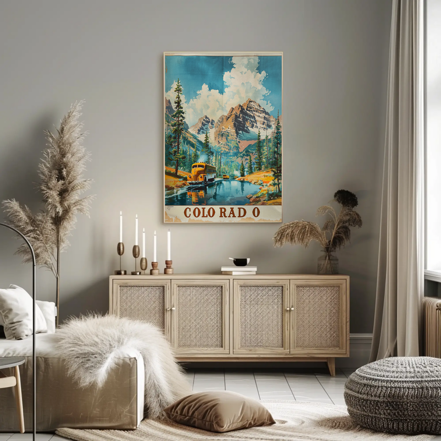 Colorado Rocky Mountains Forest Bus River Travel Poster