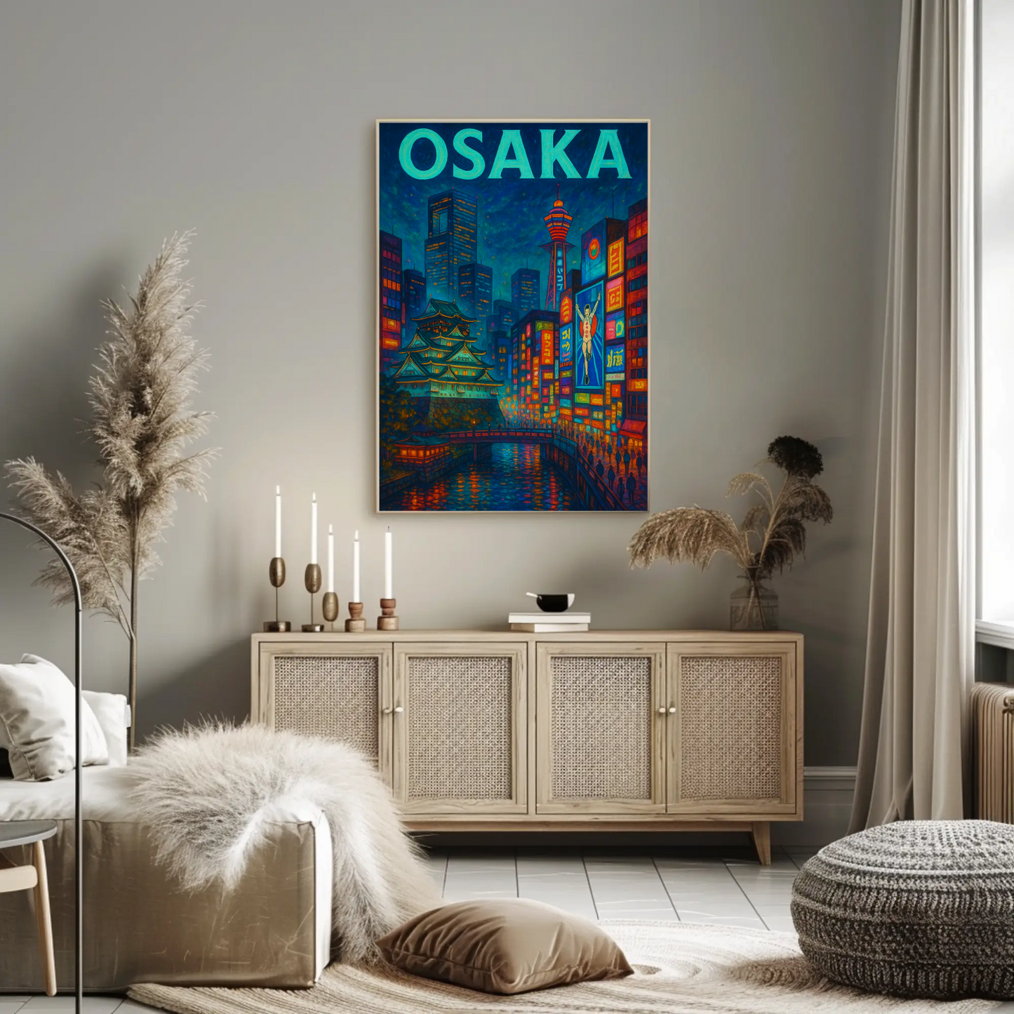 Osaka Neon and Castle Night Travel Poster