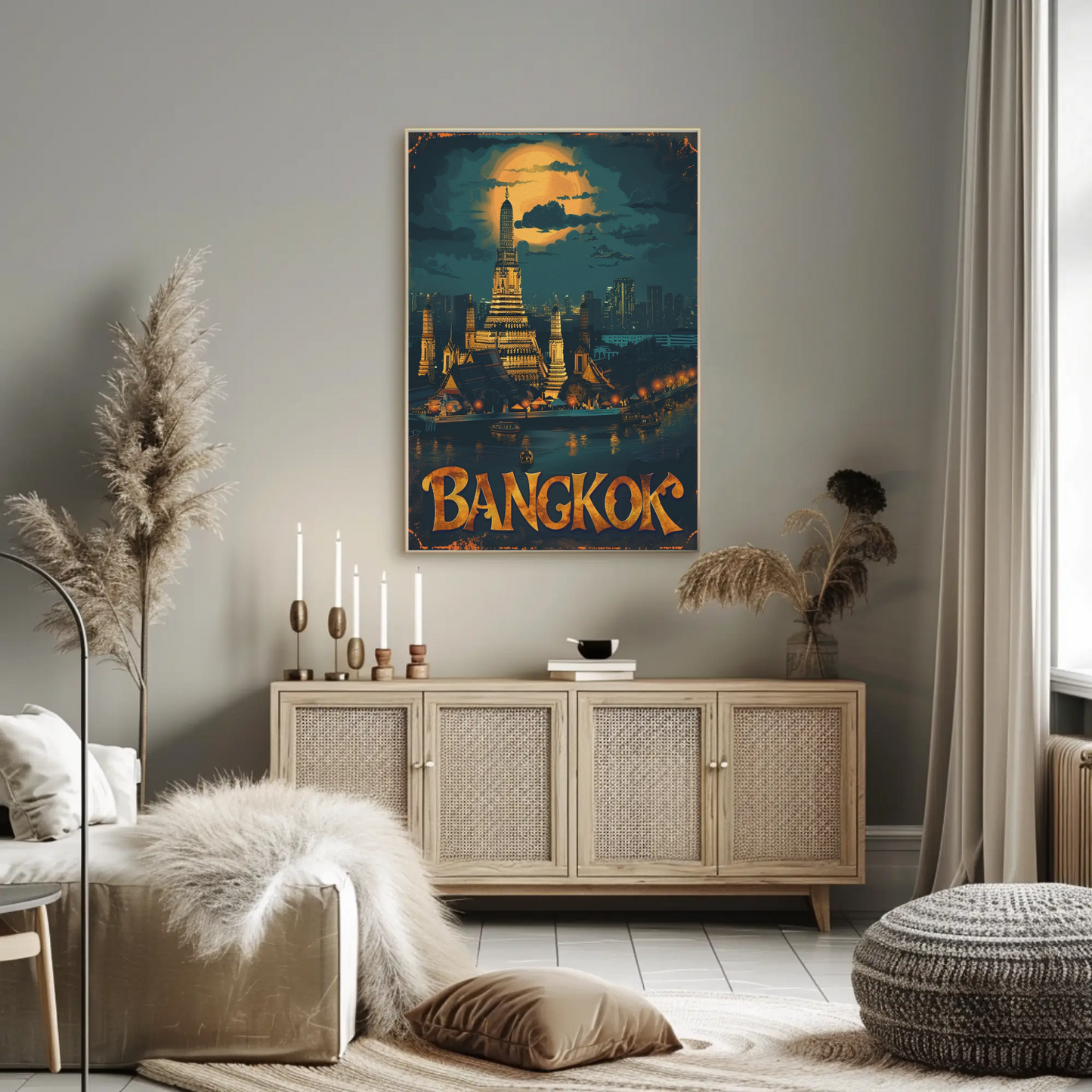 Bangkok Wat Arun Temple Nighttime Lights Travel Poster