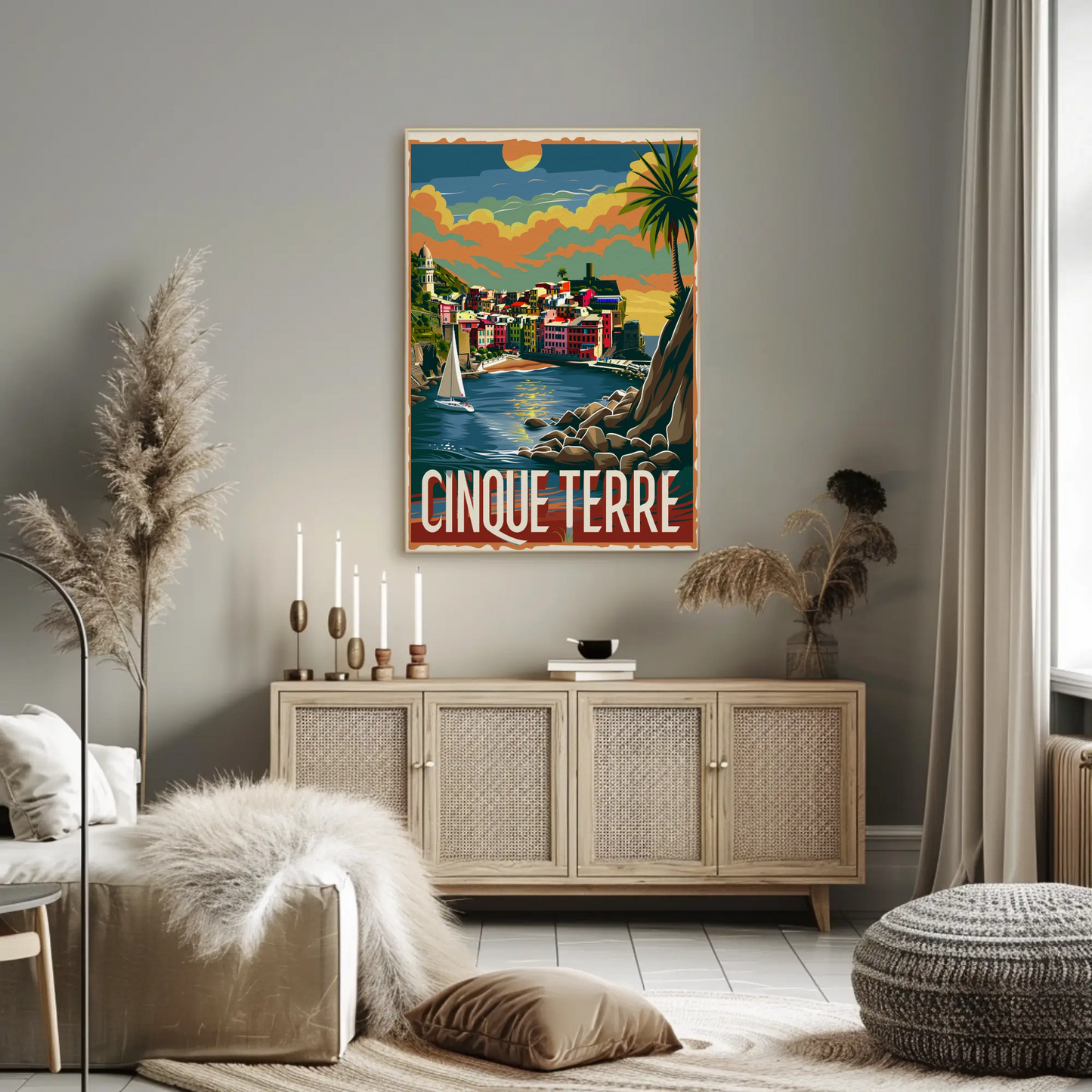 Cinque Terre Italy Sunset Seaside Travel Poster