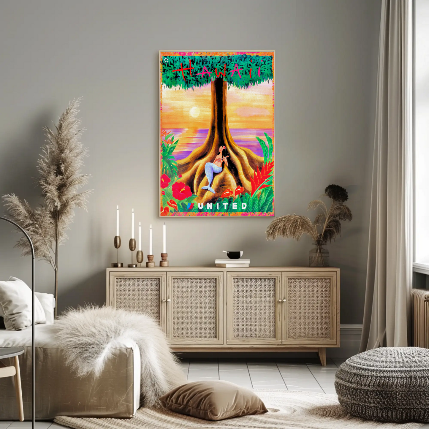 Hawaii Mermaid Tree Sunset United Travel Poster