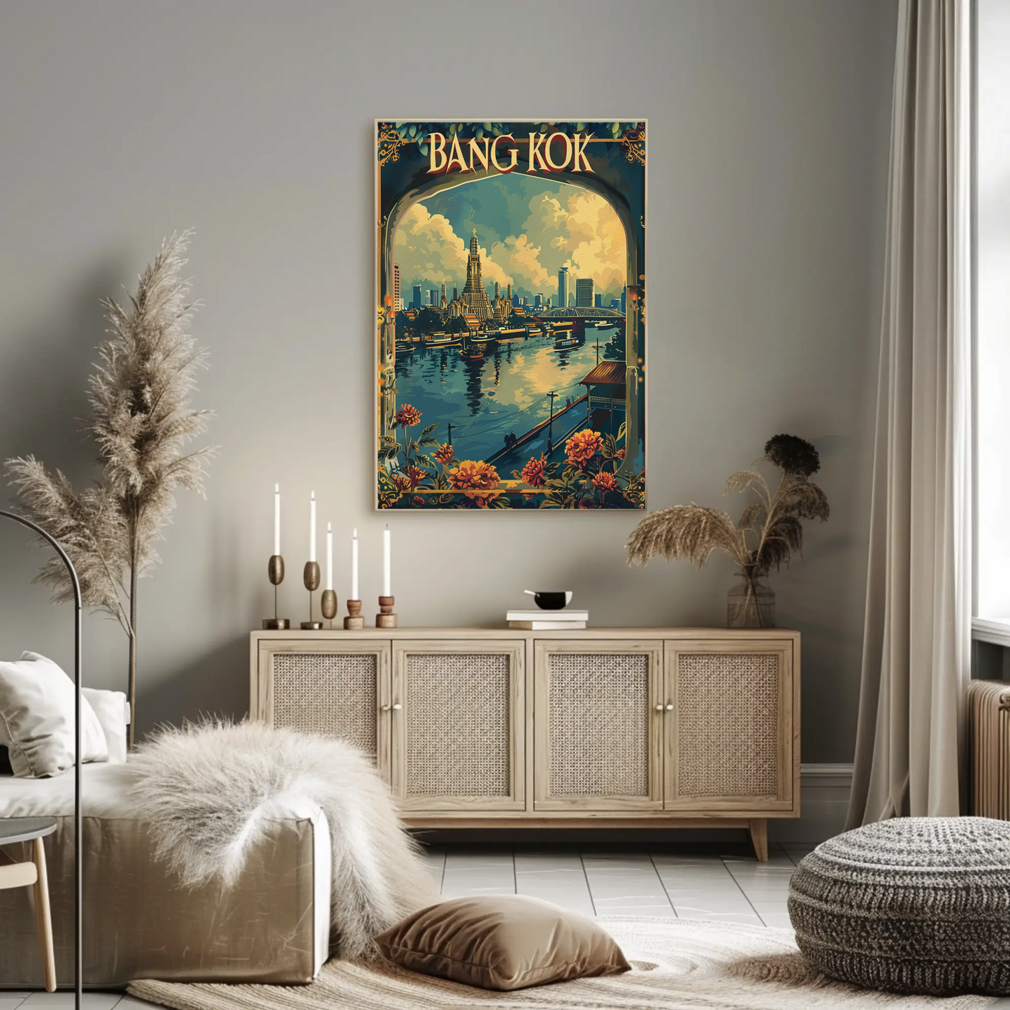 Bangkok Wat Arun Flowers Riverside City Thailand Travel Poster