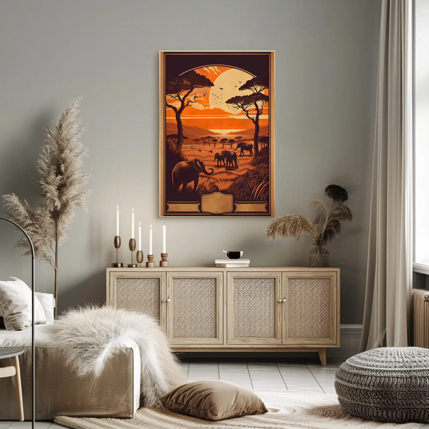 African Savanna Elephants Sunset Wildlife Travel Poster