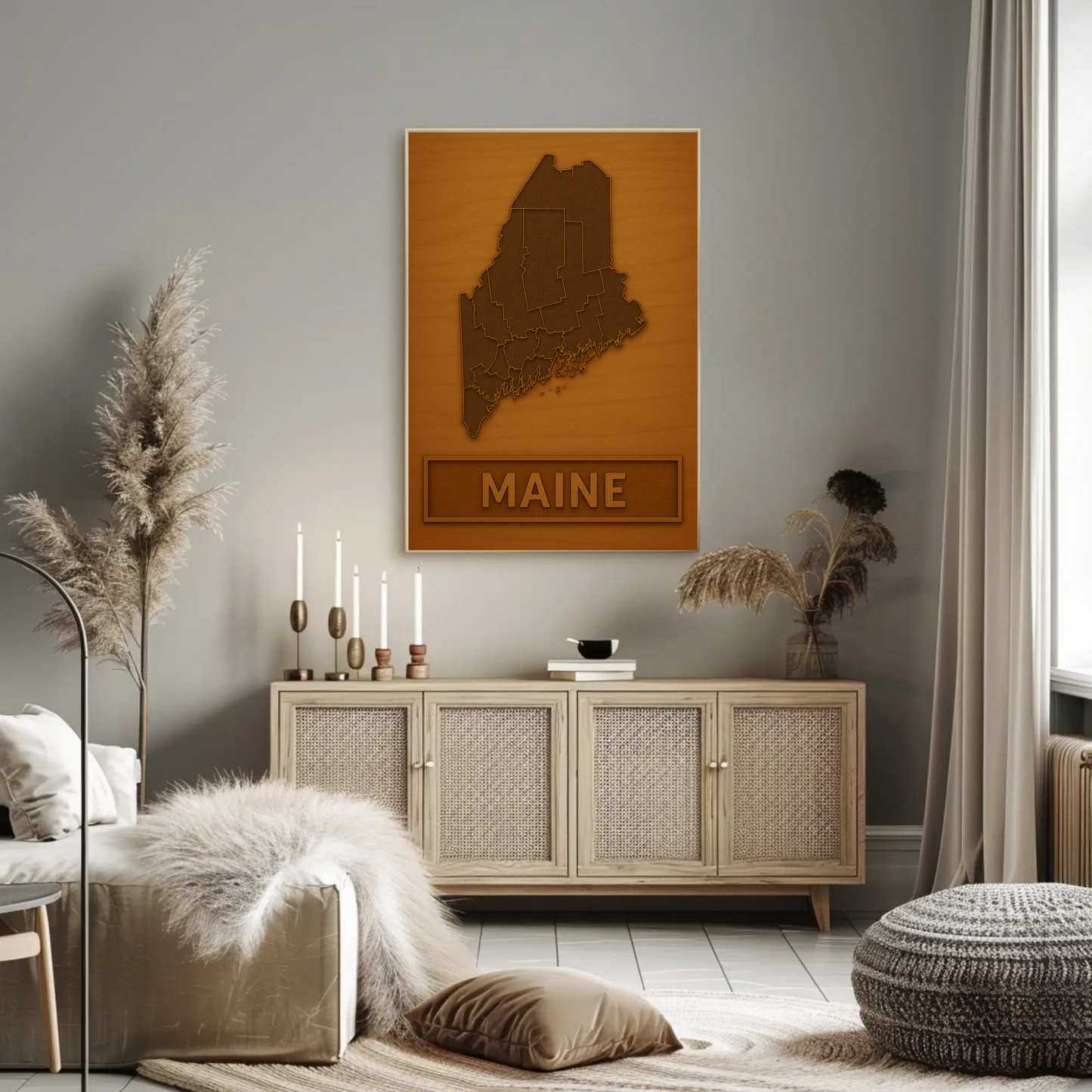 Maine Wooden Engraved State Outline Vintage Travel Poster