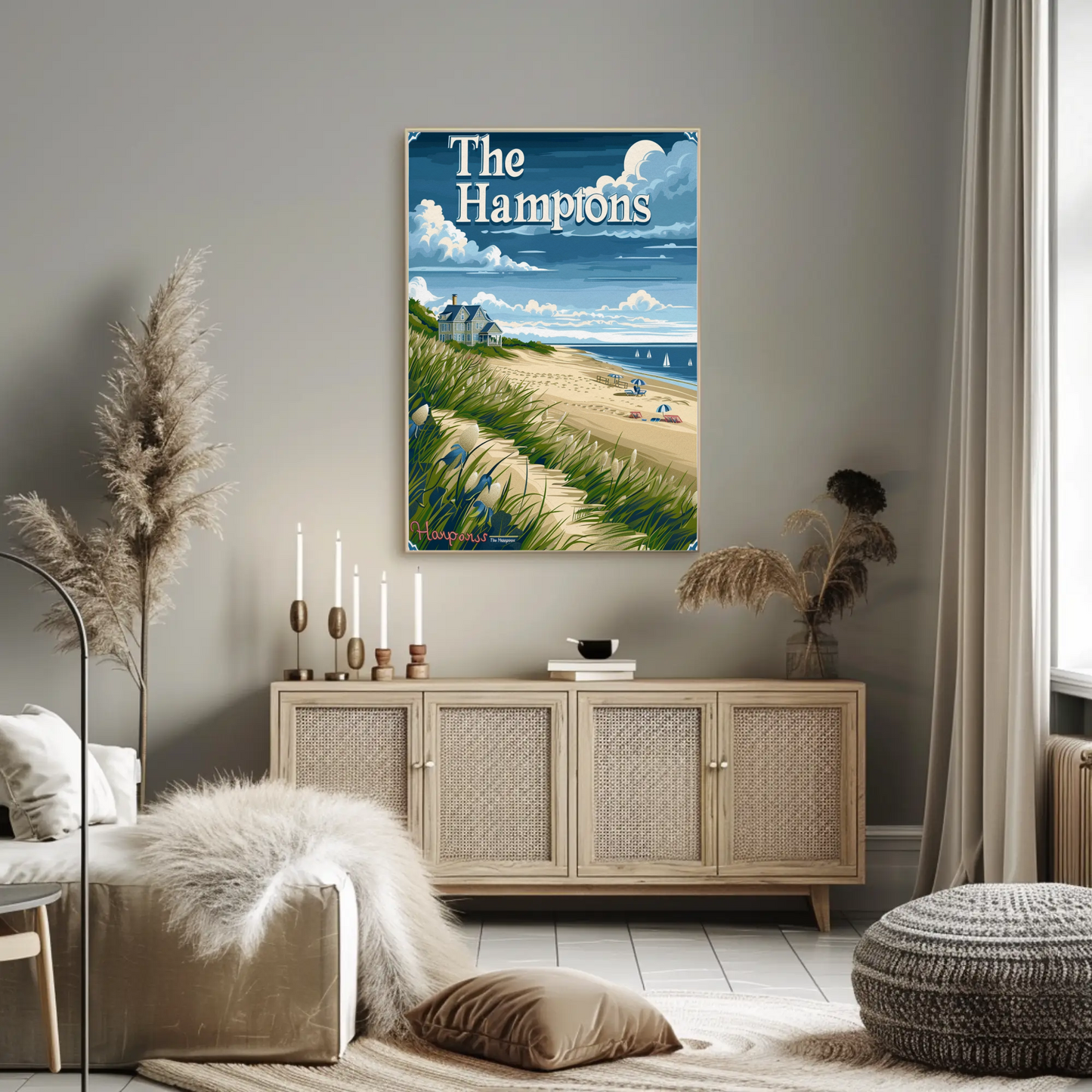 The Hamptons Beach Dunes House Umbrellas Travel Poster