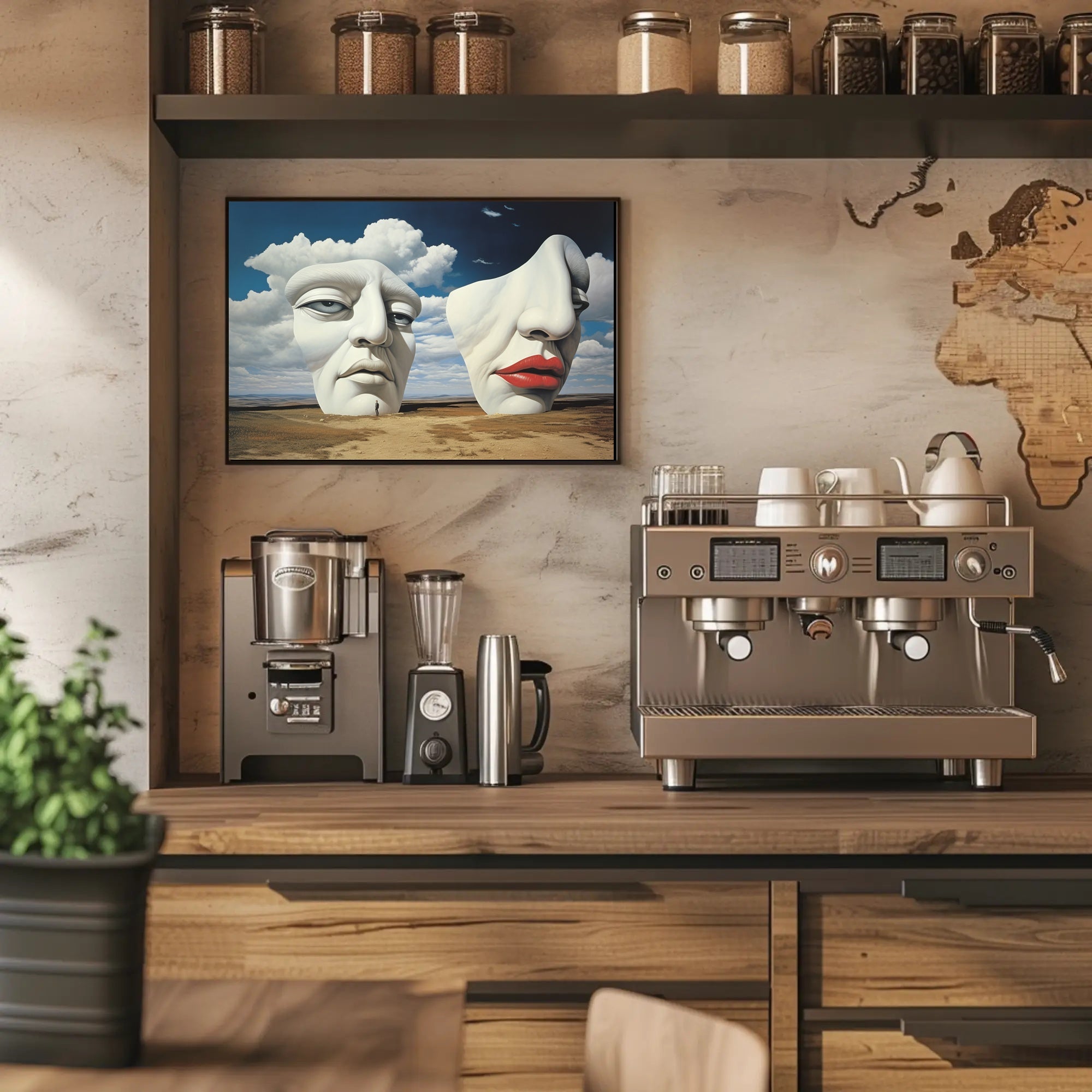 Surreal Sculpted Faces in Desert Landscape Artistic Poster