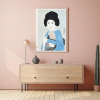 Portrait of Elegance: Traditional Japanese Woman in Blue Kimono Poster