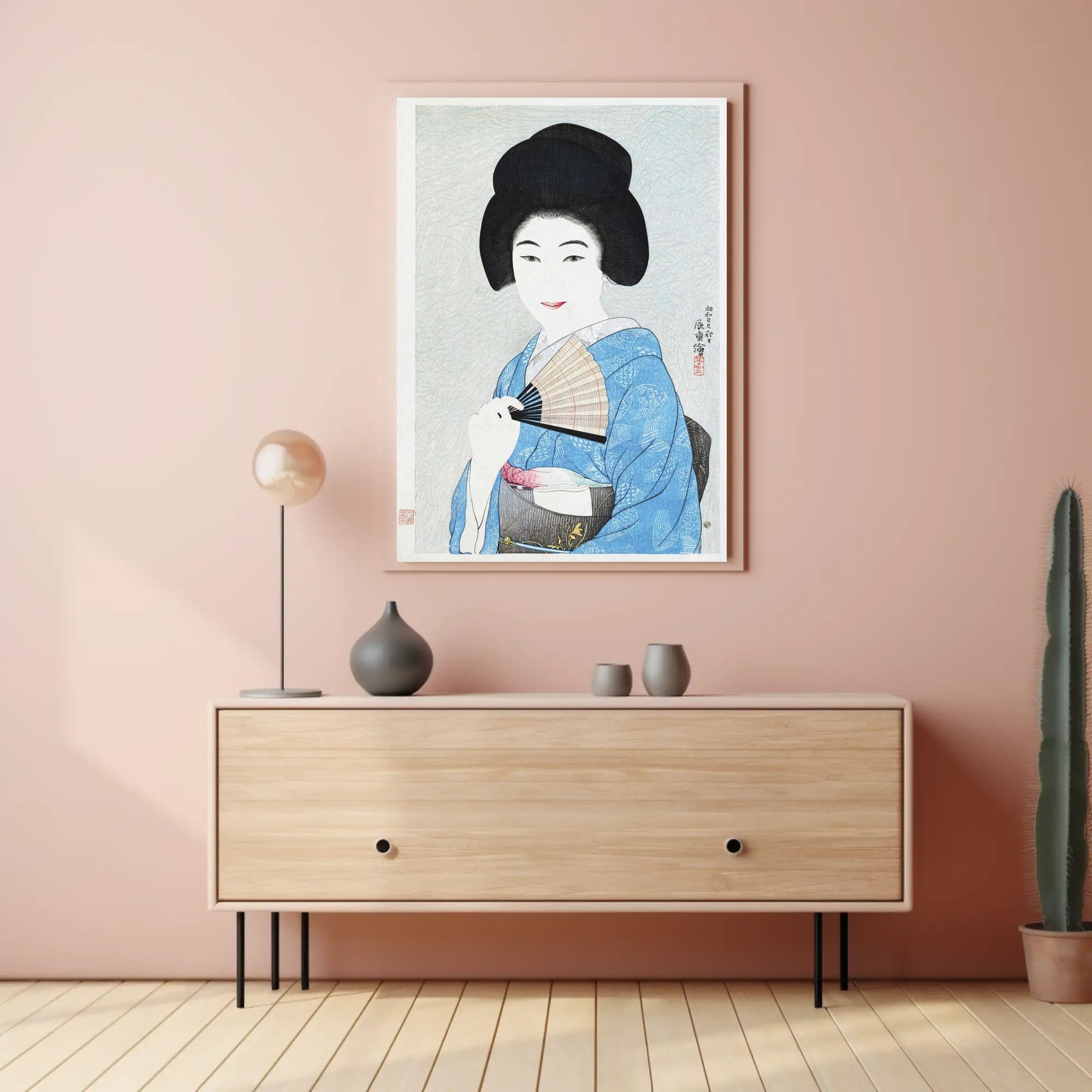 Portrait of Elegance: Traditional Japanese Woman in Blue Kimono Poster