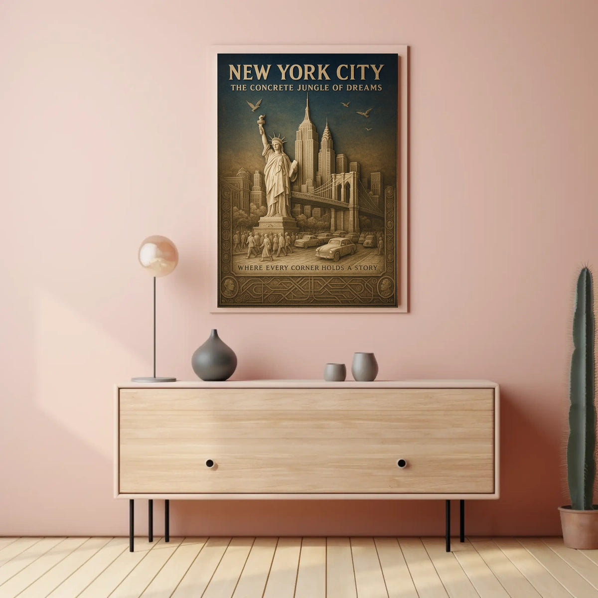 New York City Landmarks Cityscape Poster Vintage Wall Art