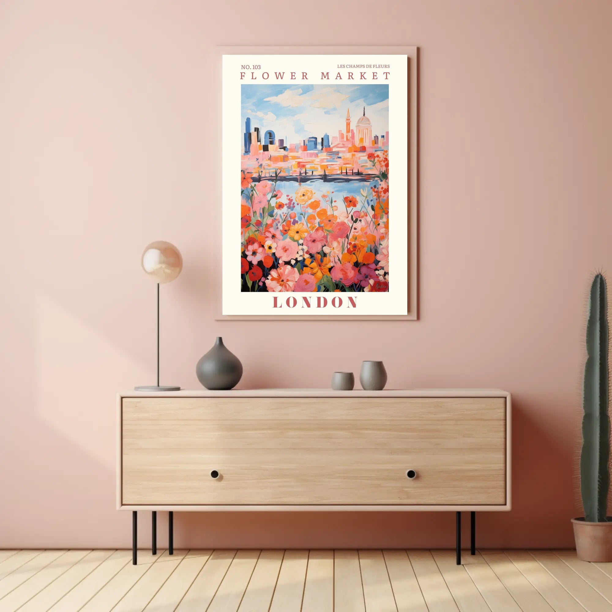 London Flower Market: Vibrant Blooms Against Iconic Skyline Poster