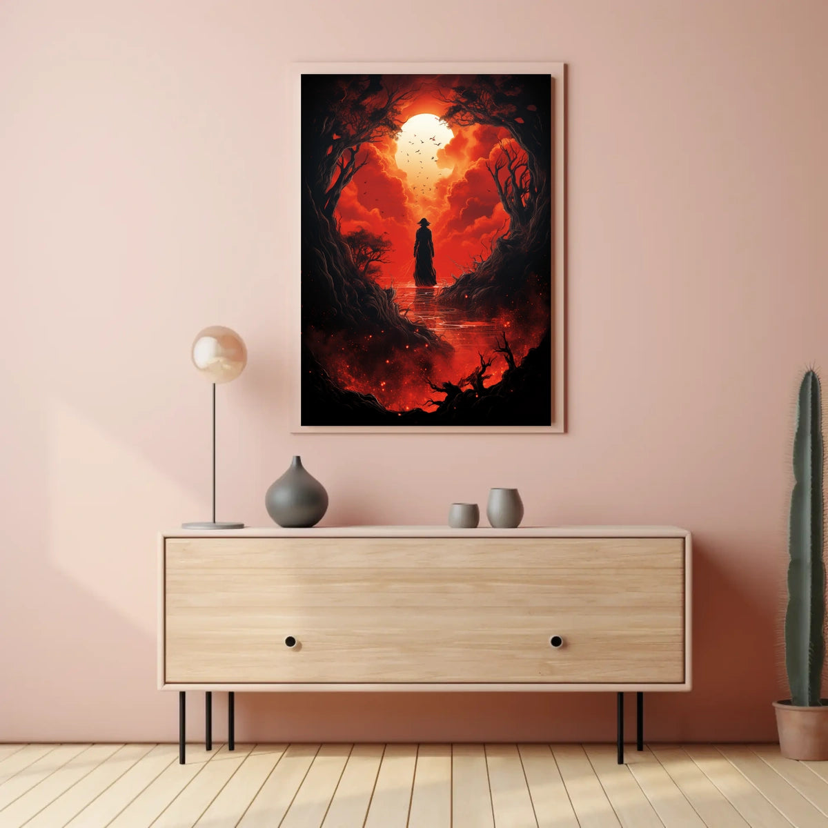 Wandering Traveler in Fiery Fantasy Landscape Poster