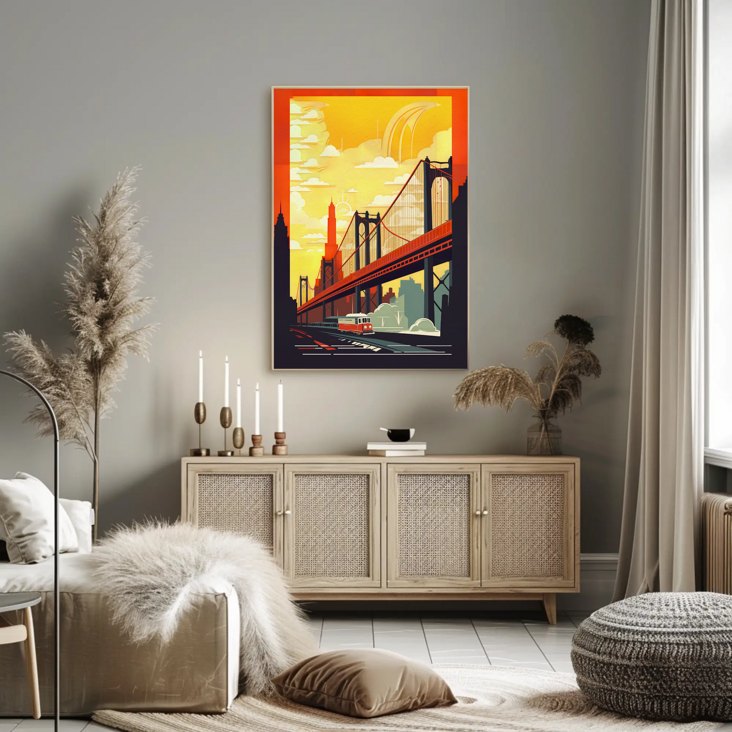 Golden Bridge City Transit Scene Travel Poster
