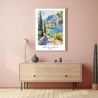 Kefalonia Coastal Village Watercolor Travel Poster PosterGoat