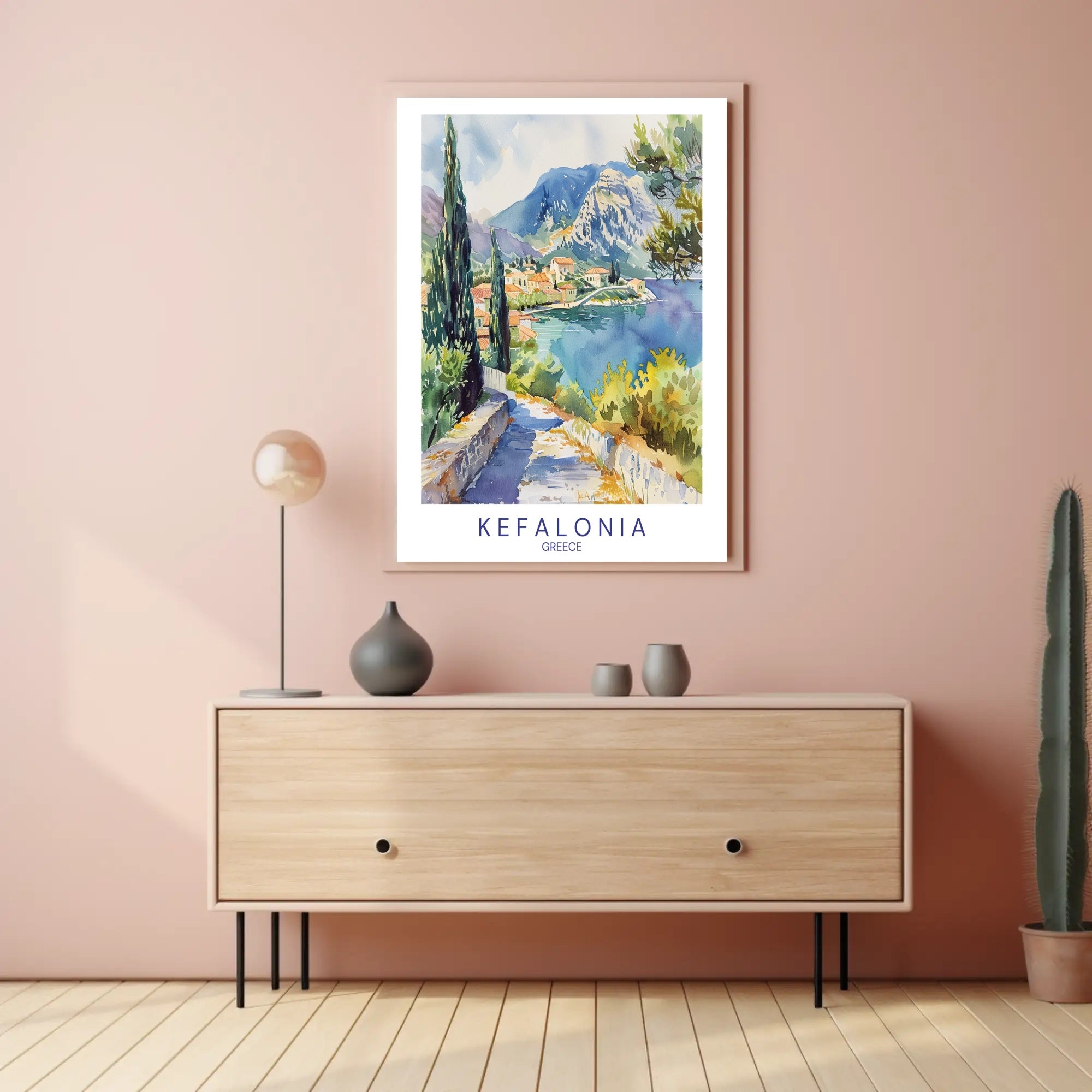 Kefalonia Coastal Village Watercolor Travel Poster PosterGoat