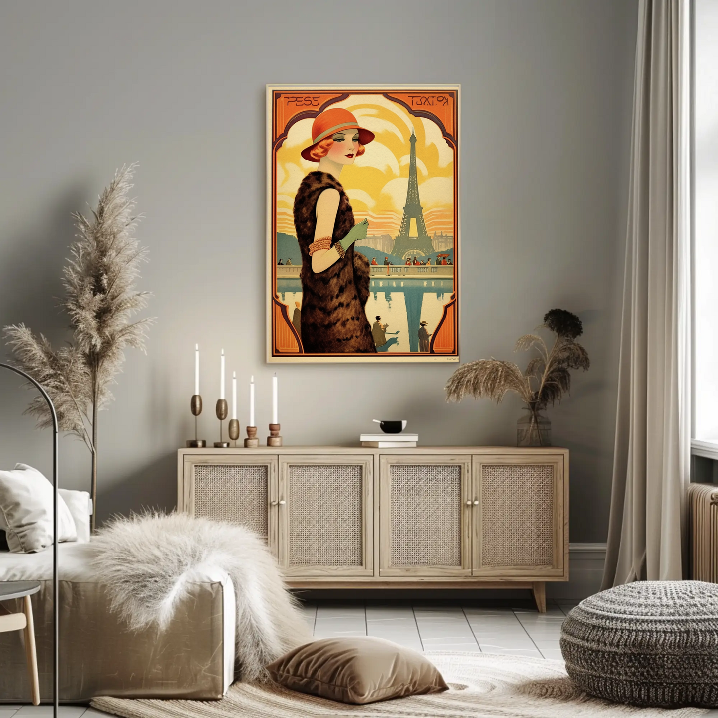 Paris Eiffel Tower Art Deco Lady Fashion Travel Poster