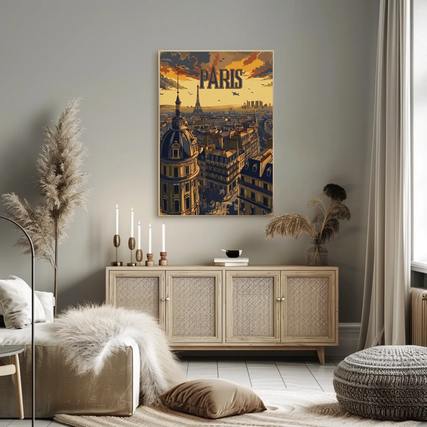 Paris Eiffel Tower Rooftop Sunset Travel Poster