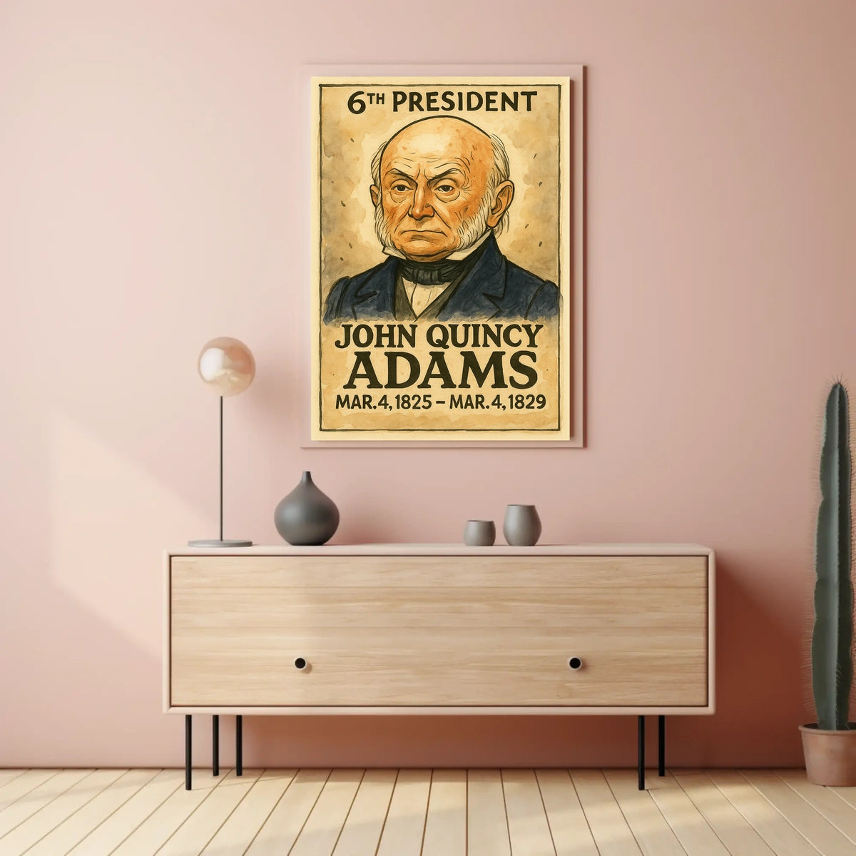 John Quincy Adams 6th President of the United States Exaggerated Cartoon Sketch Poster