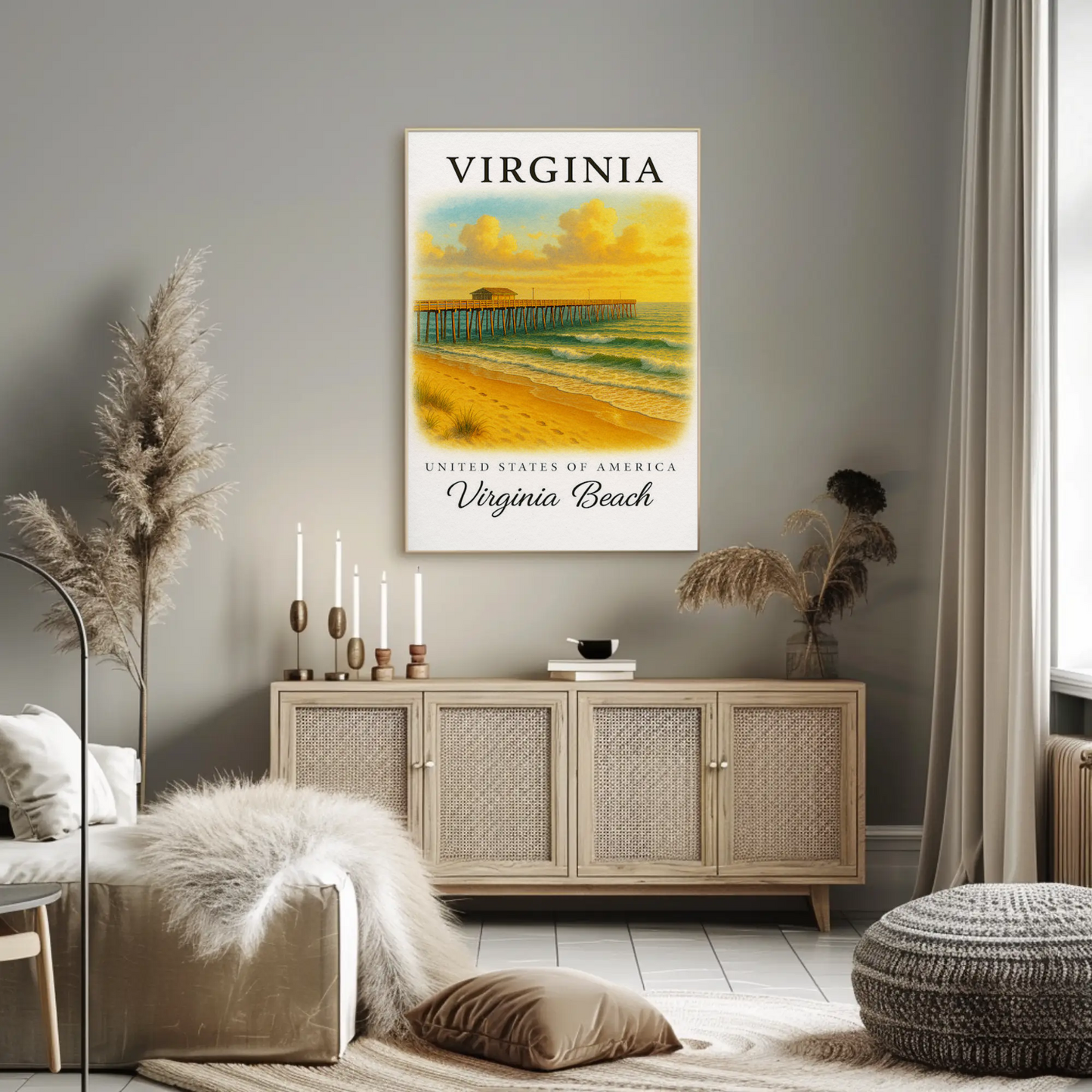 Virginia Beach Pier Ocean Sunset Classic Seaside Travel Poster