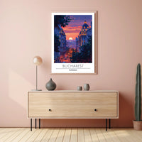 Bucharest Evening Street Scene at Sunset Travel Poster
