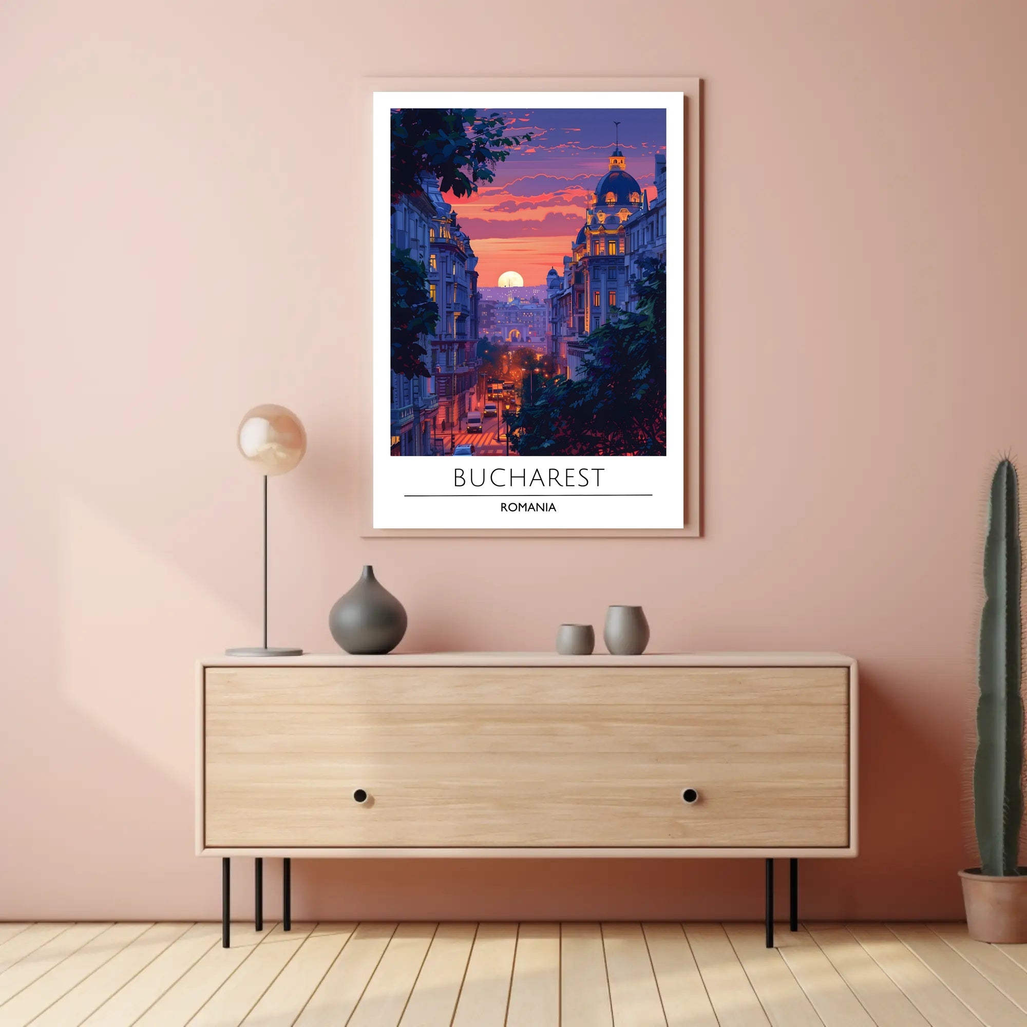 Bucharest Evening Street Scene at Sunset Travel Poster