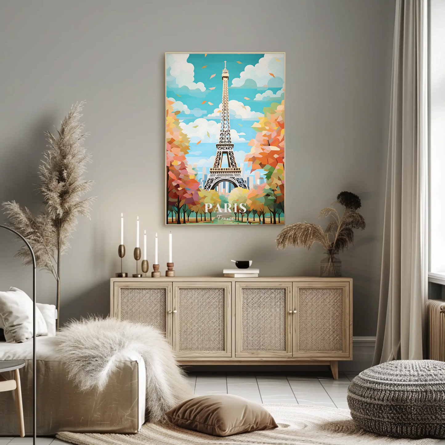 Paris France Eiffel Tower Autumn Leaves Vintage Travel Poster