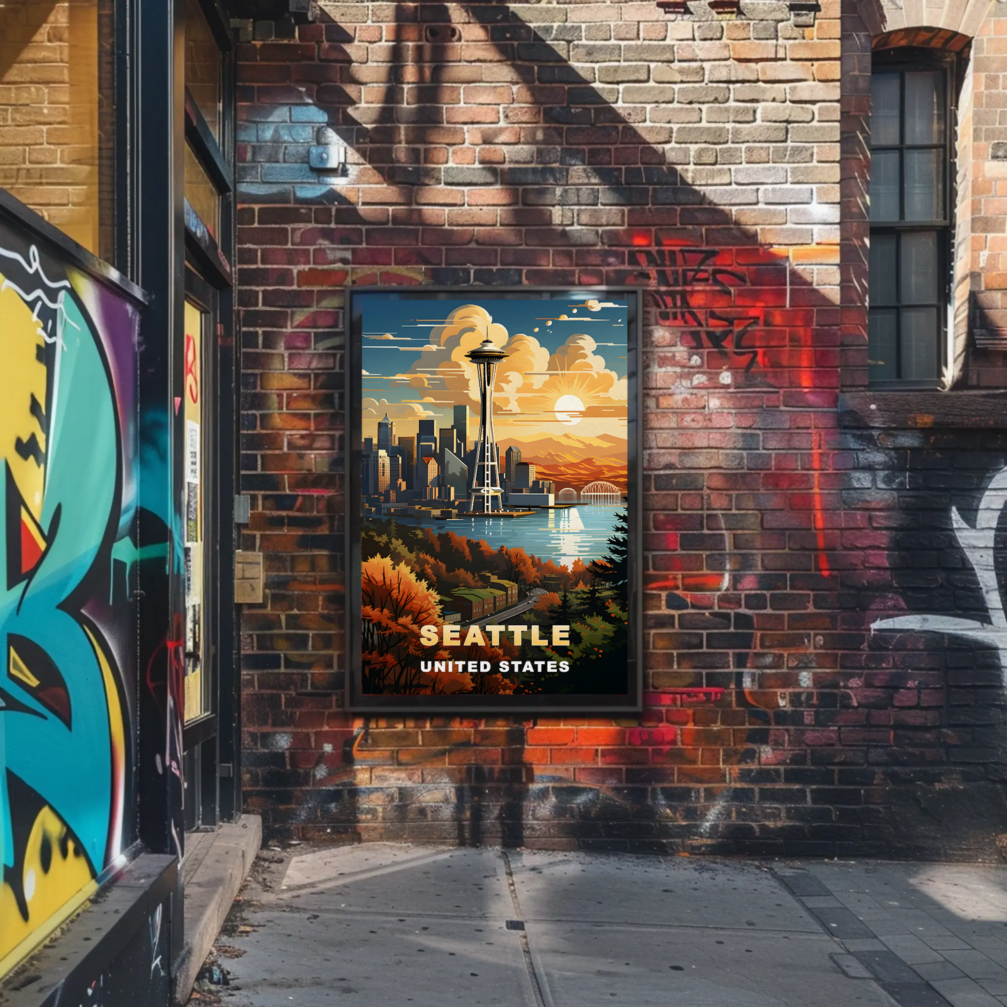 Seattle Space Needle Autumn Sunset Vintage Travel Poster