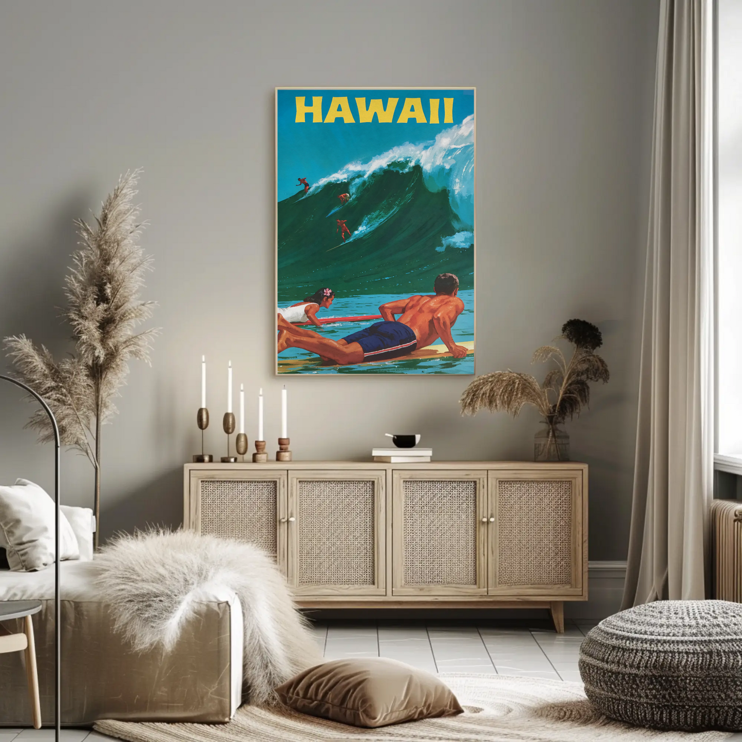 Hawaii Surfers Riding Giant Wave Ocean Travel Poster