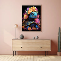 Floral Majesty Turtle Crown Whimsical Digital Lovers Poster