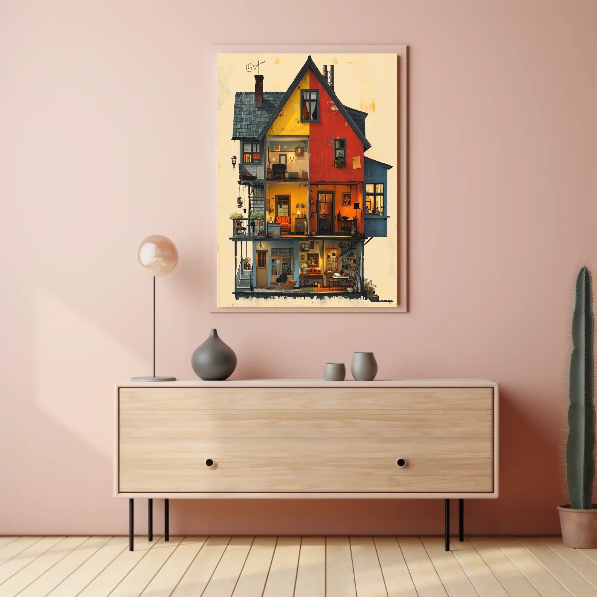 Whimsical Vintage House Cross-Section Art Poster PosterGoat