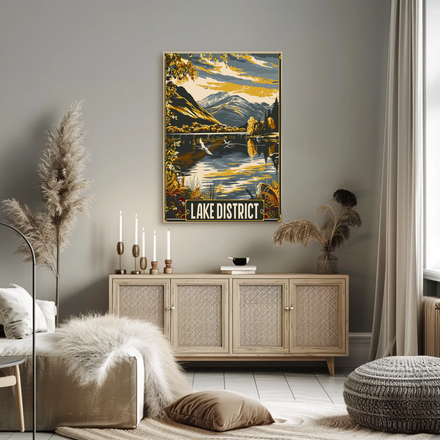 Lake District Golden Mountains Waterfowl Scene Travel Poster