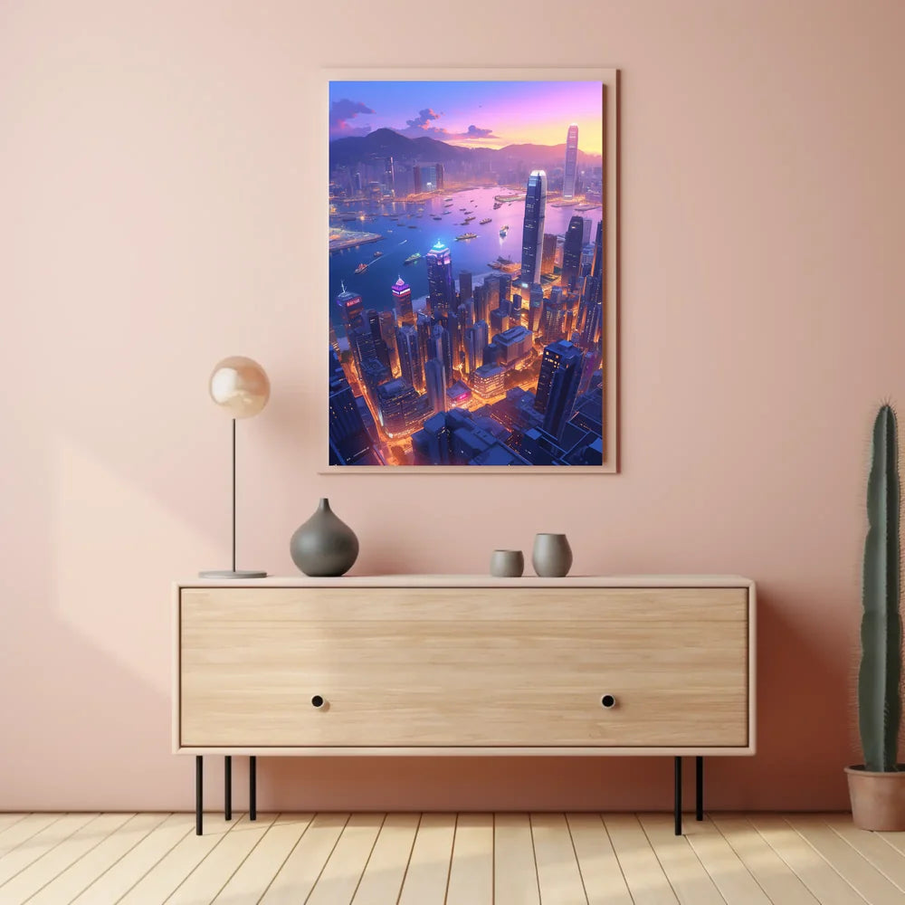 Futuristic Cityscape Poster: Neon Harbor at Dusk