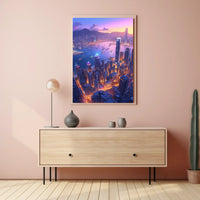 Futuristic Cityscape Poster: Neon Harbor at Dusk