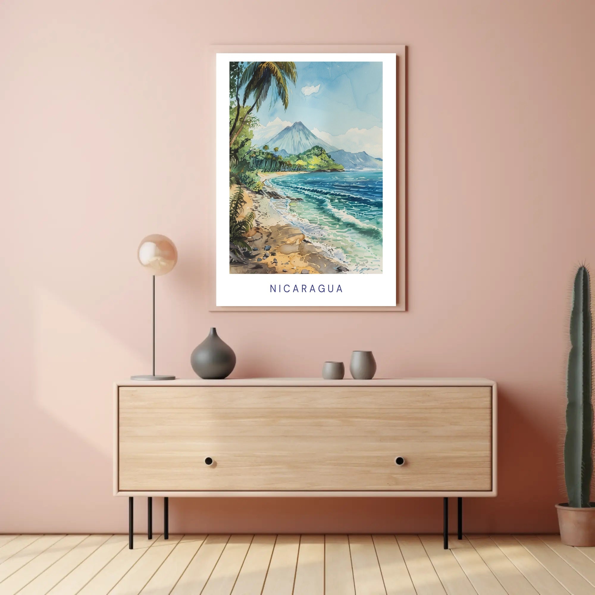Nicaragua Coastal Paradise: Tropical Watercolor Travel Poster PosterGoat