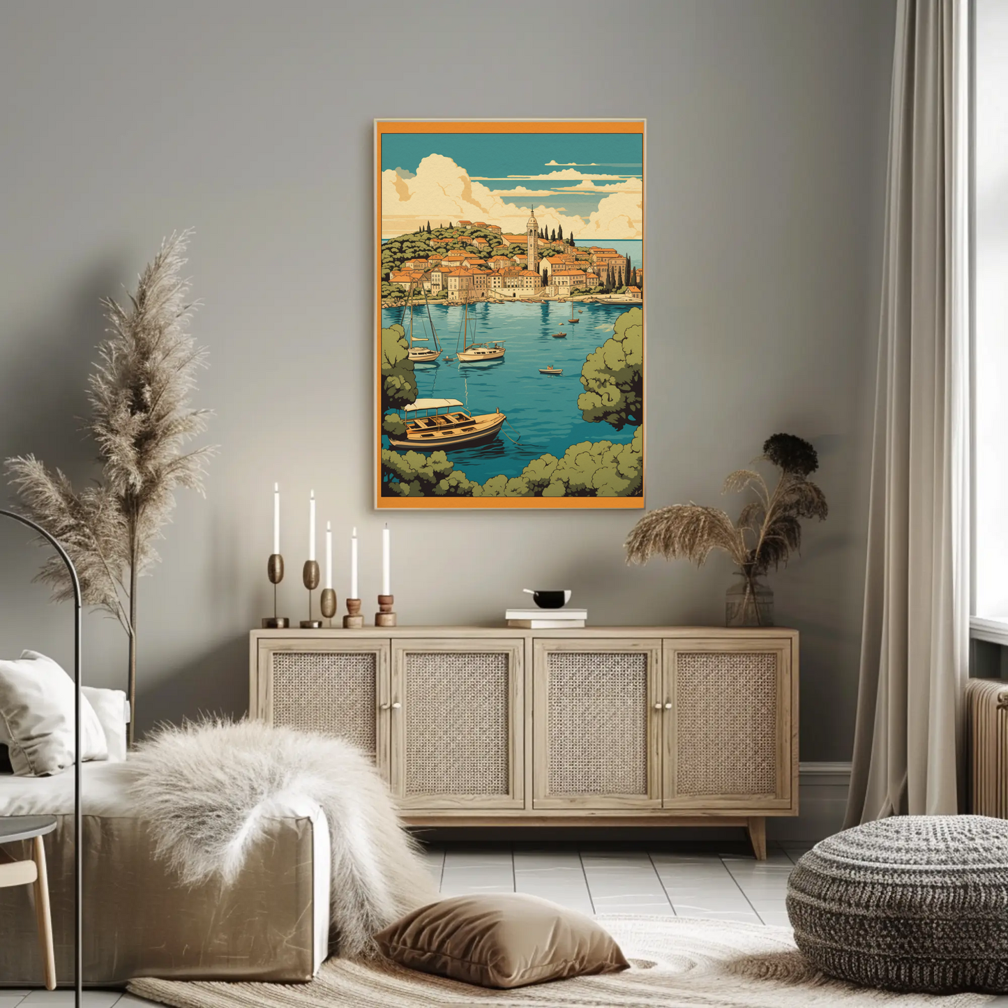 Coastal Mediterranean Village Boats Scenic Bay Travel Poster