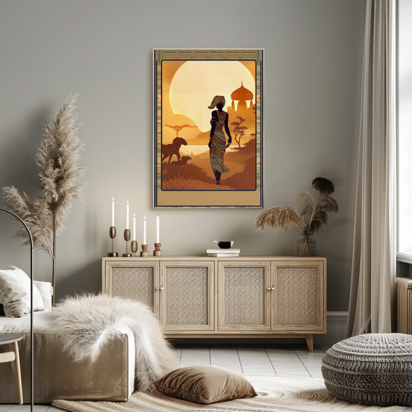 African Woman Wildlife Sunset Silhouette Travel Poster