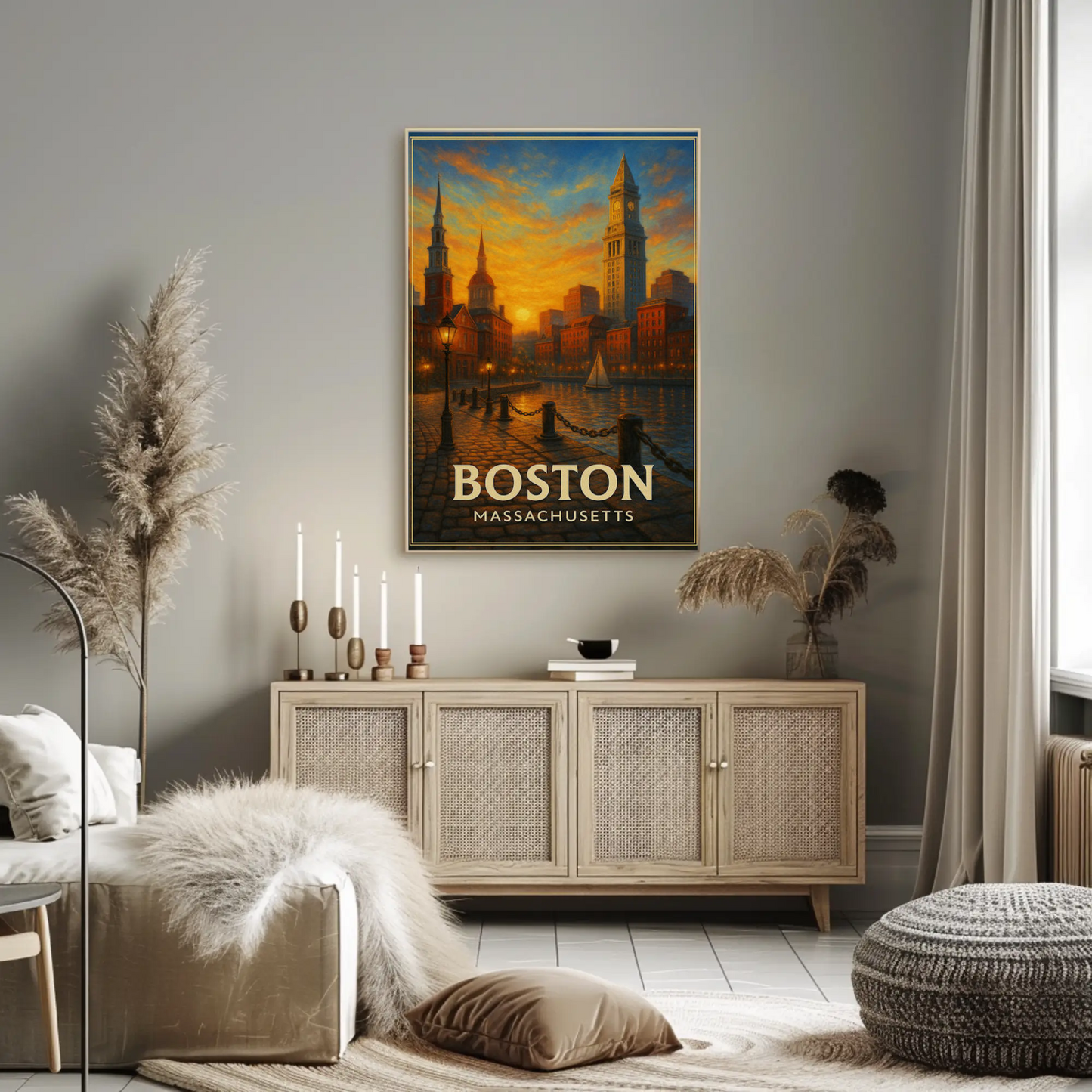 Boston Massachusetts Sunset Harbor Cityscape Travel Poster