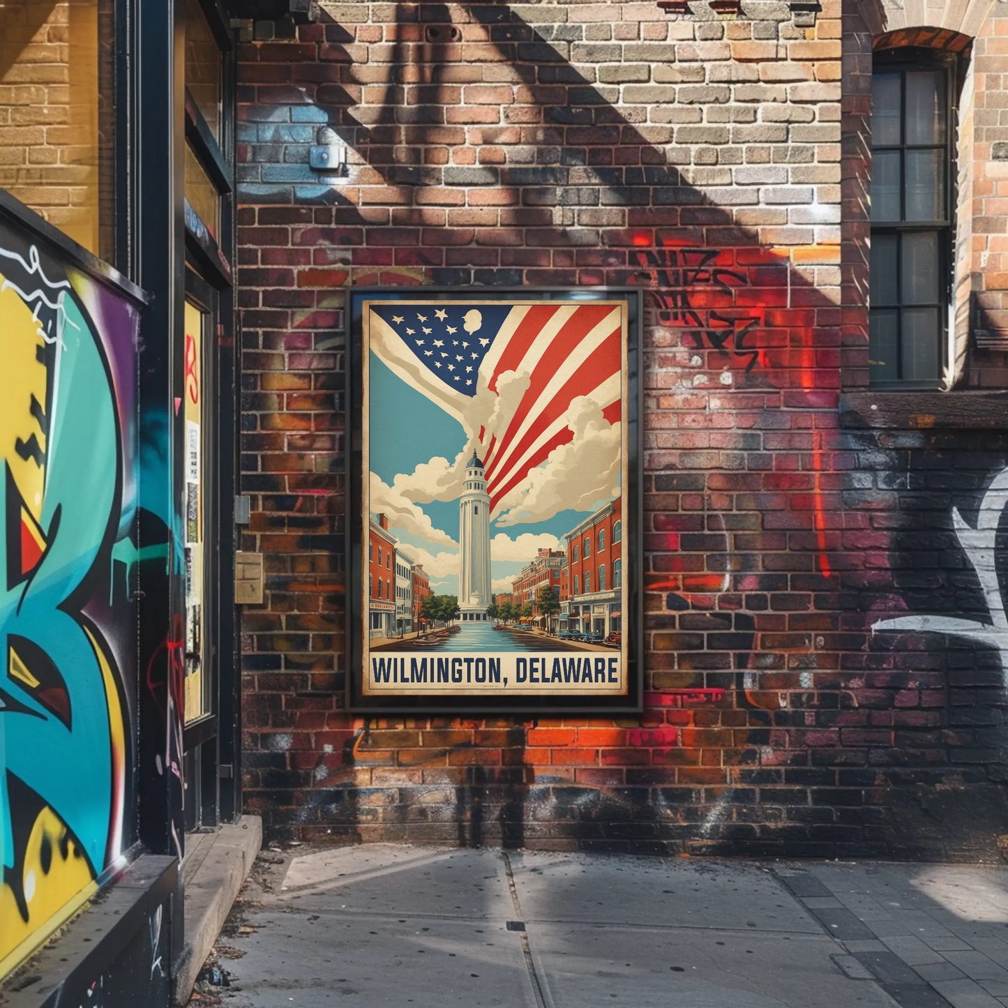 Wilmington Delaware Tower And Flag Streetscape Vintage Travel Poster