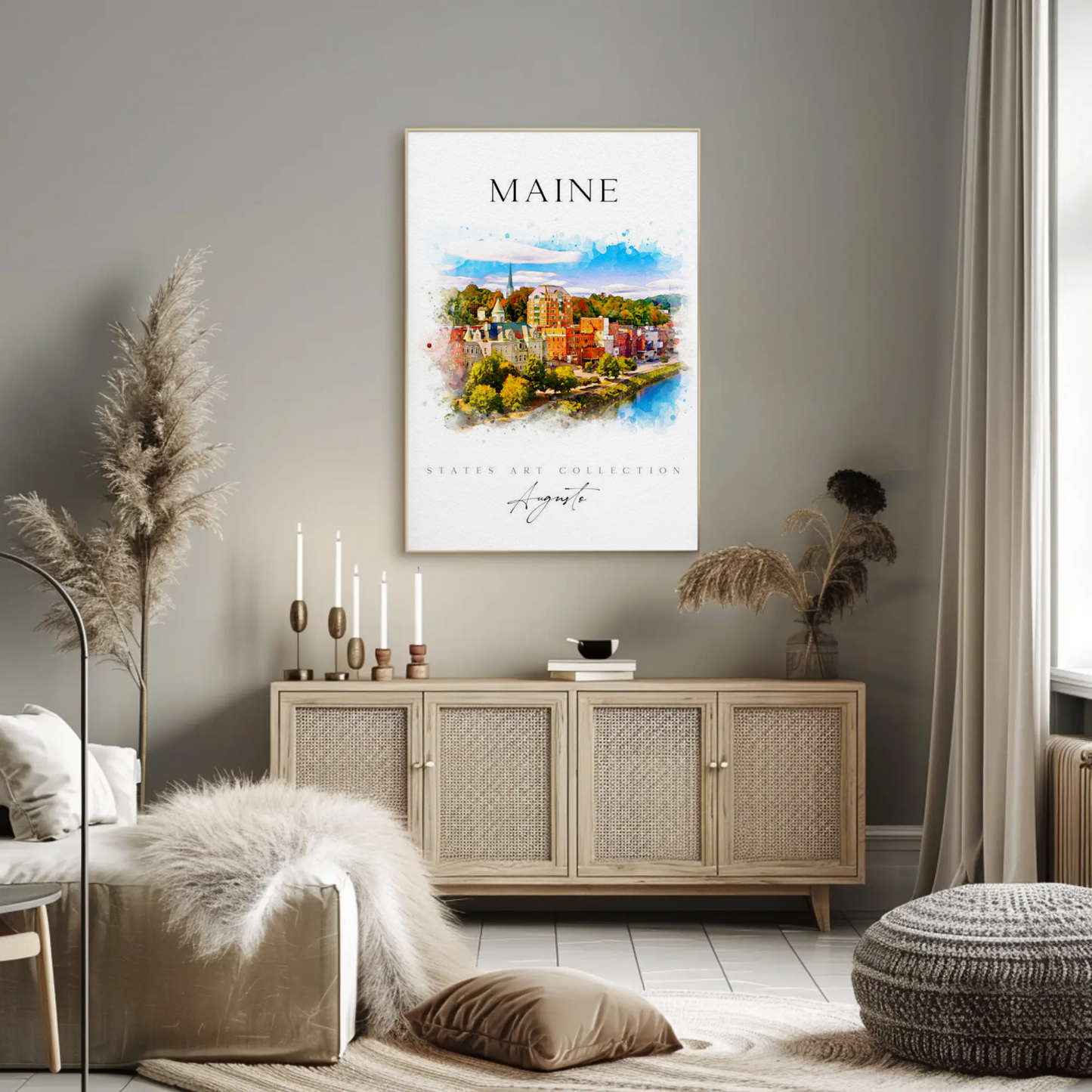 Maine Augusta Skyline Watercolor States Collection Poster