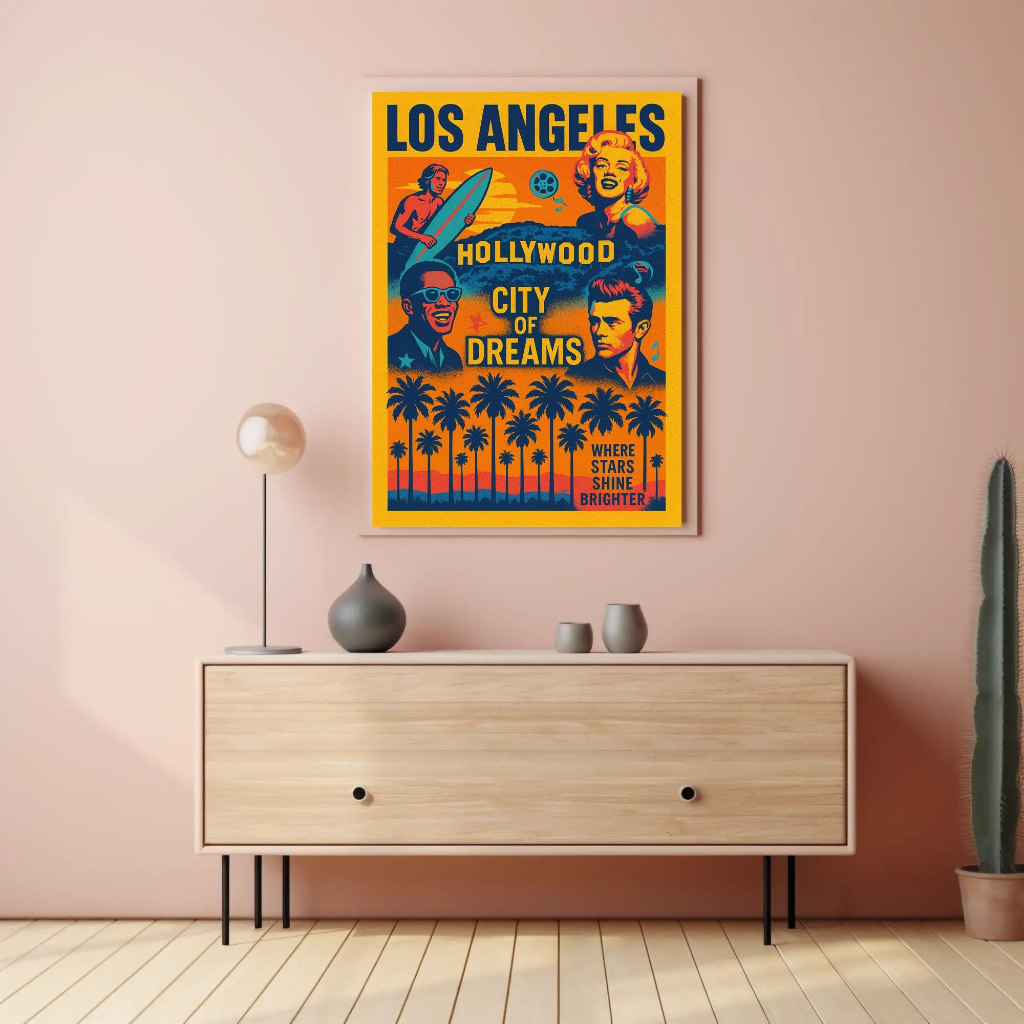 The poster is a vibrant tribute to Los Angeles, specifically highlighting Hollywood as Travel Poster