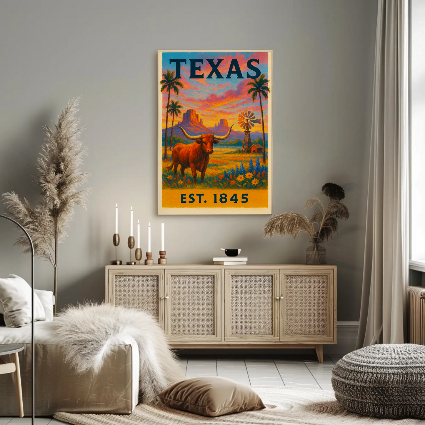Texas Sunset Longhorn Windmill Landscape Travel Poster