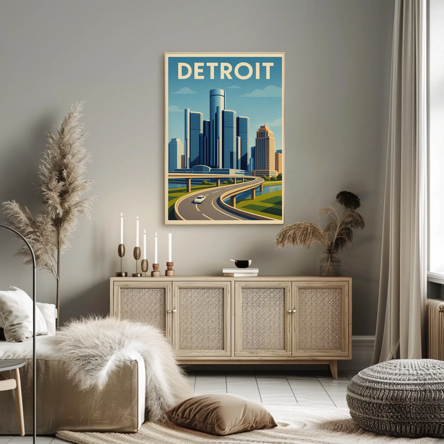 Detroit Highway View Modern Skyline Travel Poster