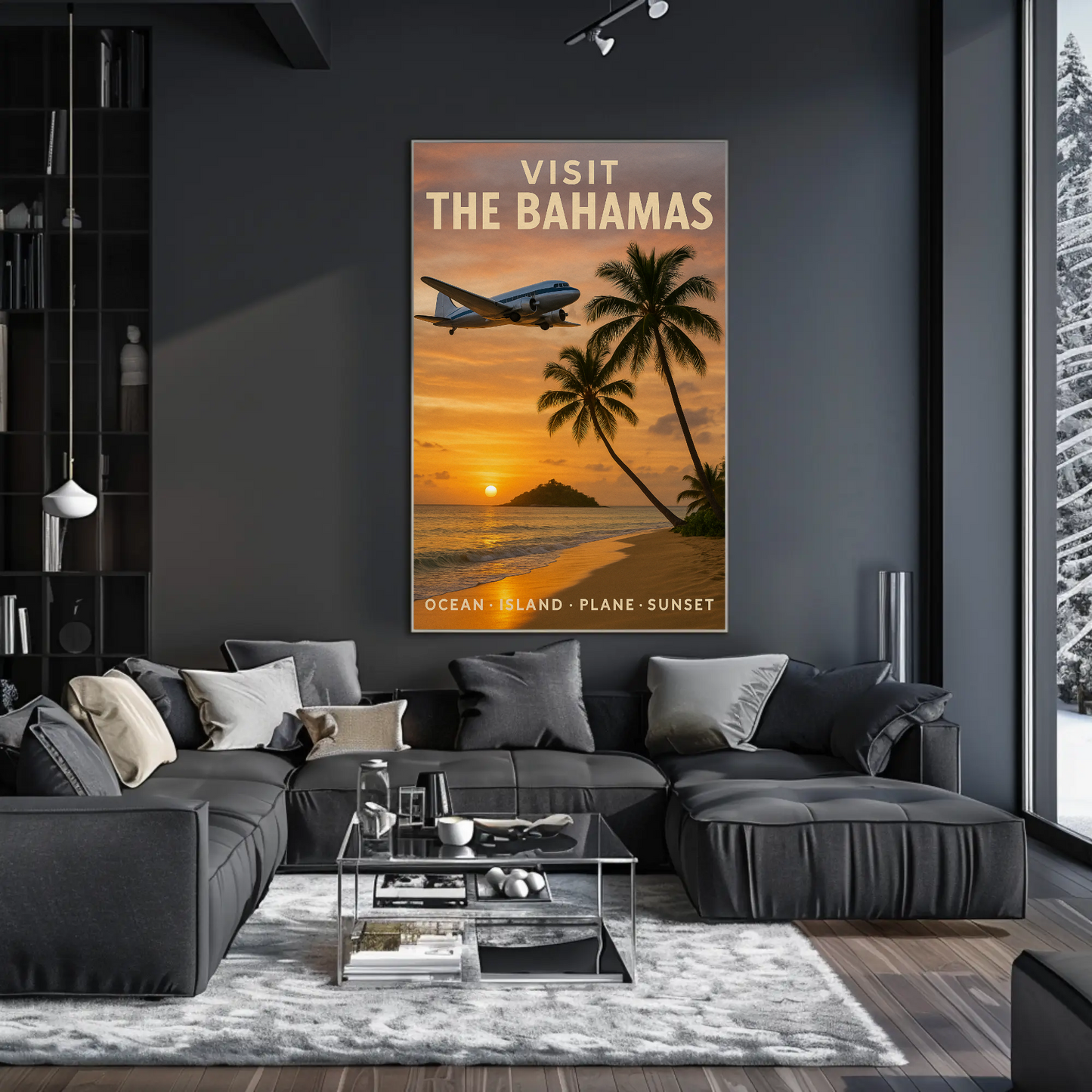 Visit The Bahamas Ocean Island Plane Sunset Travel Poster