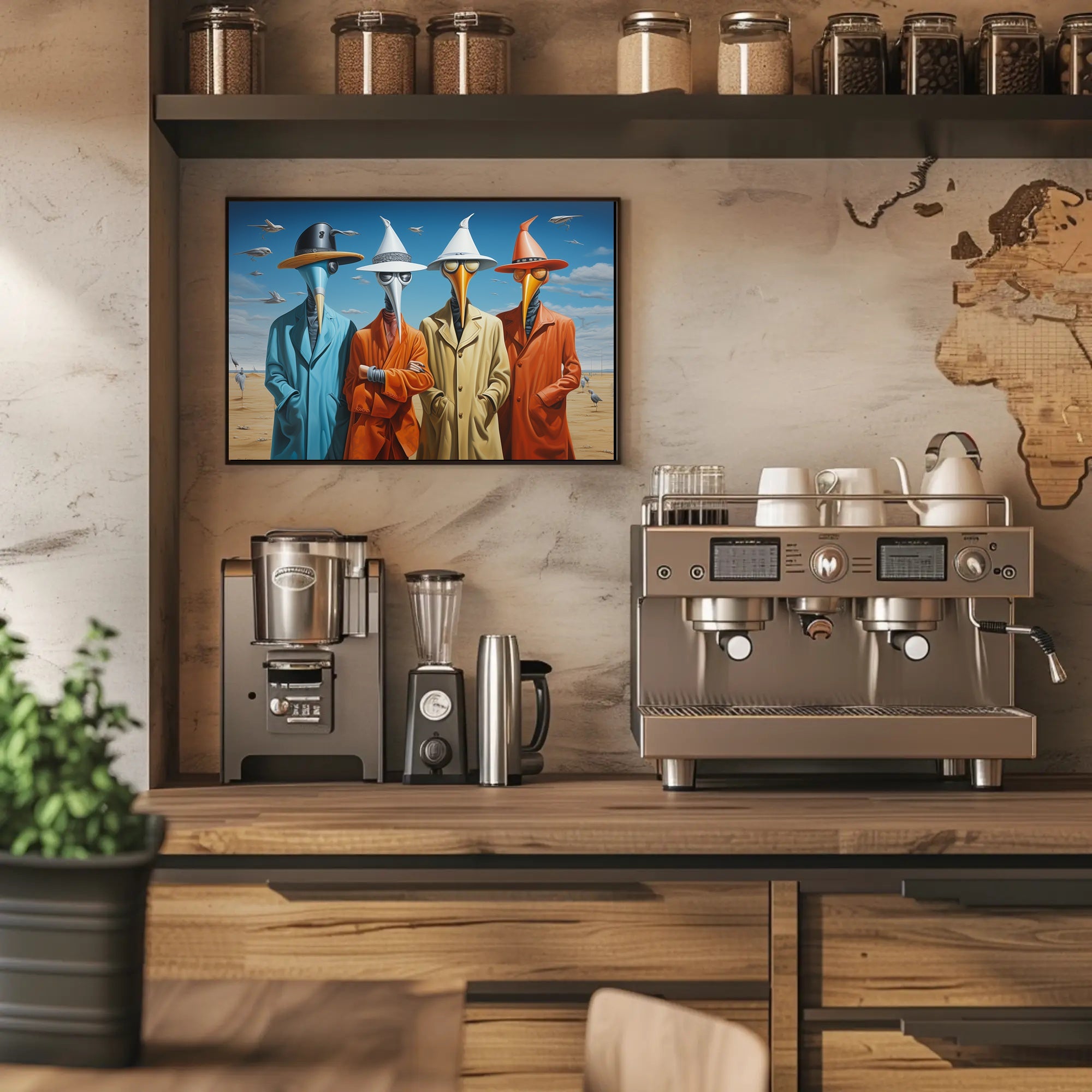 Surreal Characters in Elongated Beak Masks: Artistic Poster