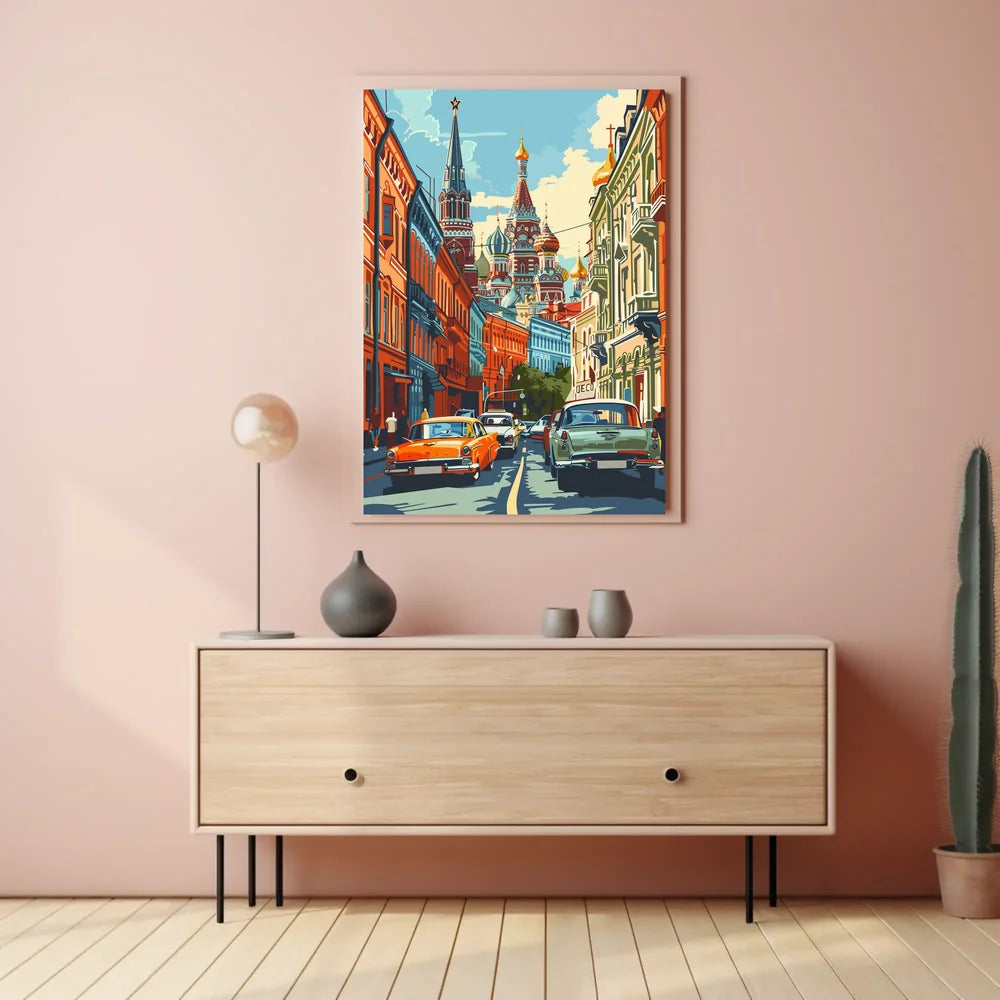 Moscow Retro Street Scene with St. Basil's Cathedral
