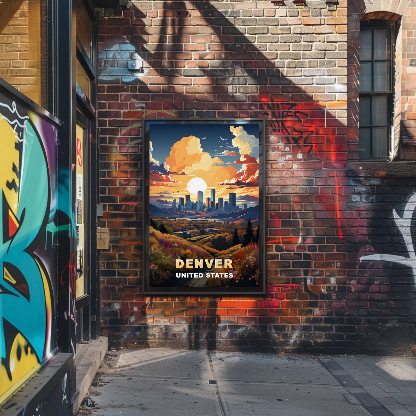 Denver Sunset Skyline Mountains Vintage Travel Poster